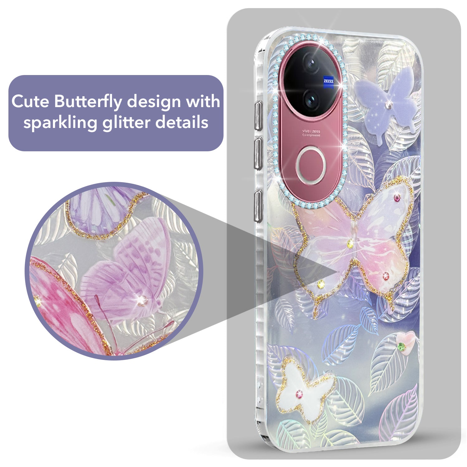 For Vivo V50 | Vivo V50e Back Cover Case (Luxury Floral Glitter Cute Butterfly | Diamond Studded Camera Bump | Girls & Women Design)