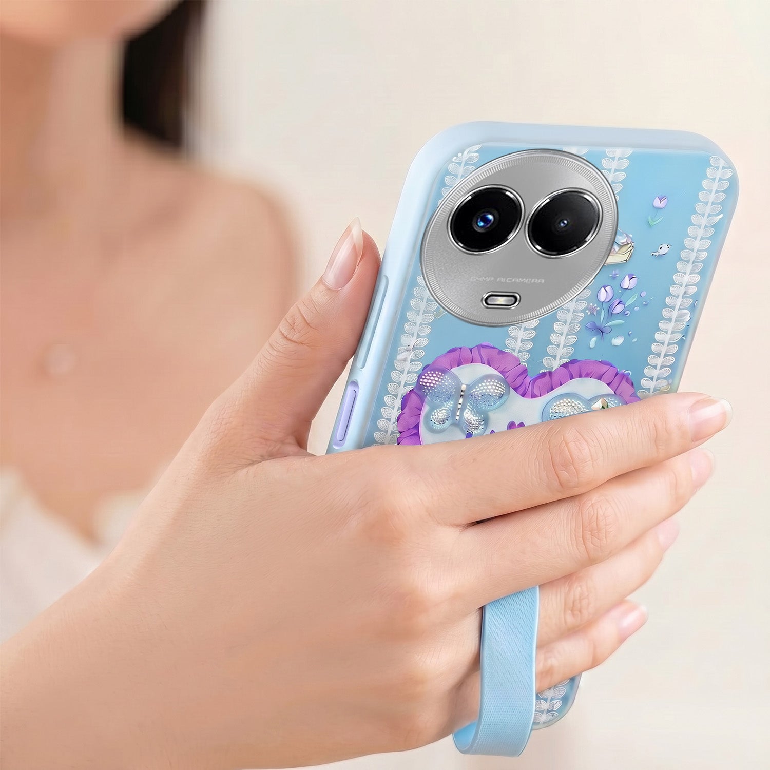 For Realme Narzo 60x Back Cover Case (3D Cute Heart Strap Holder | Camera Protection | Designer Girls Print)