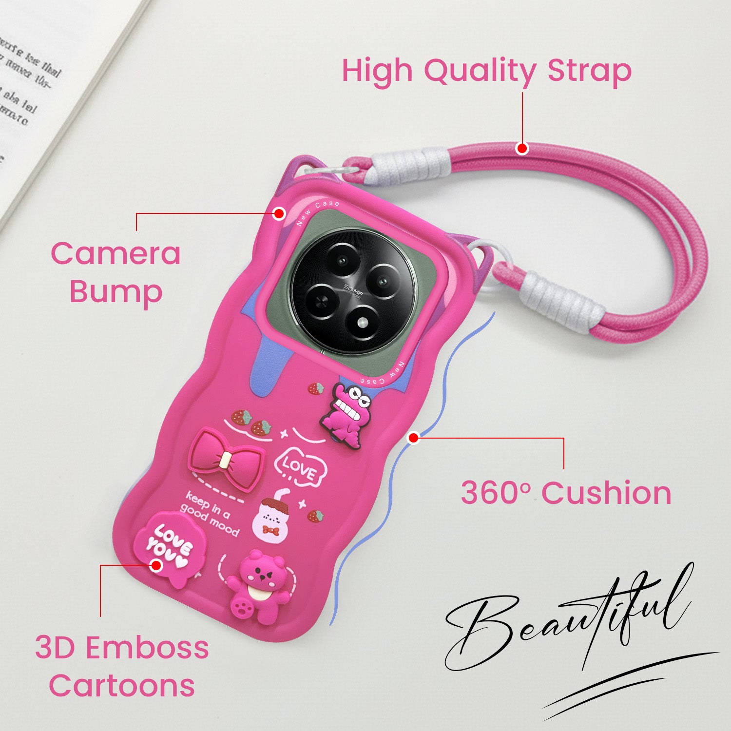 For Realme 12 | Realme 12X Back Case Cover Strap (3D Embossed Figures | Strap Holder | 360* Soft Cushion with Camera Bump)