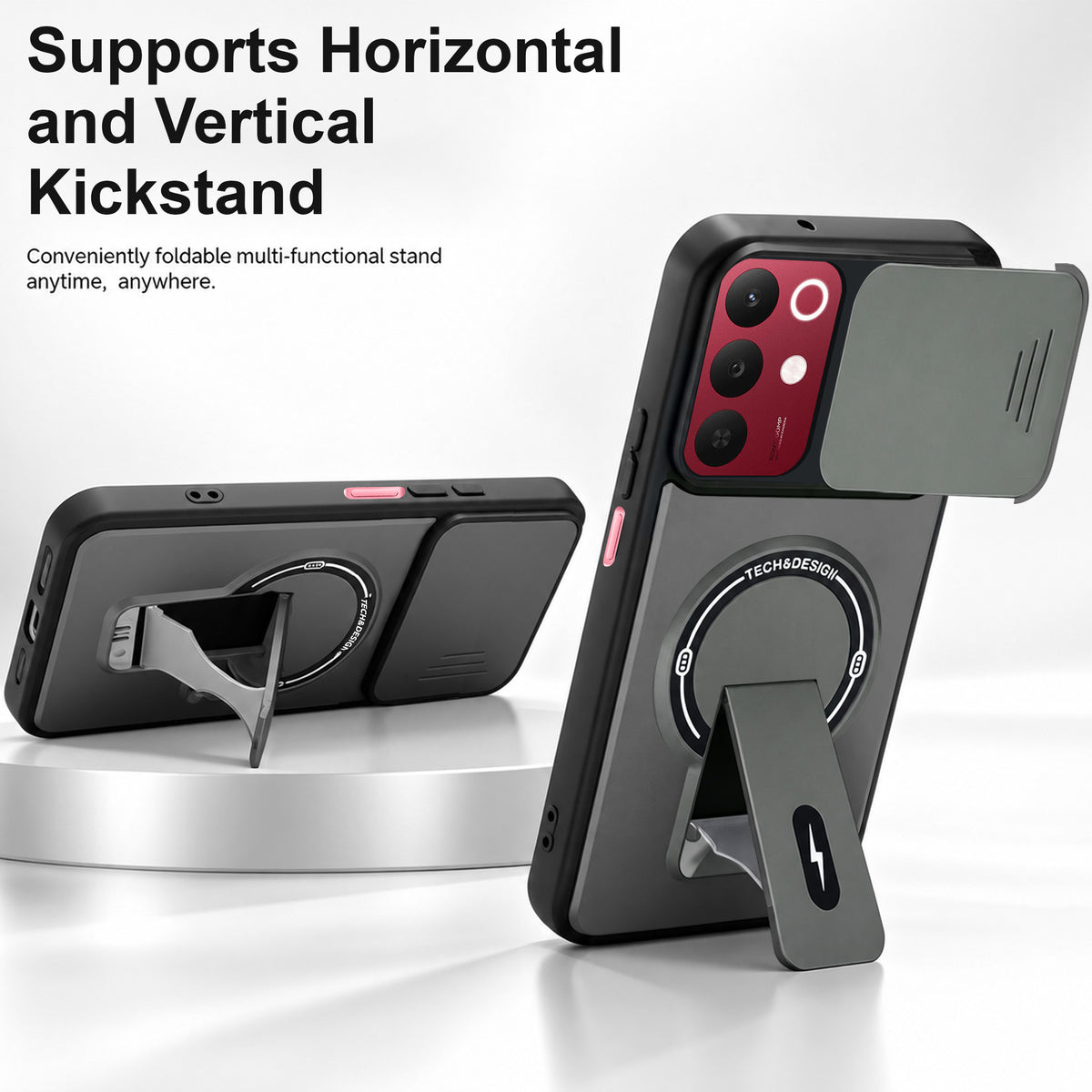 For Realme 15X Back Case Cover Metallic (Hybrid Armor Kickstand | Sliding Shutter Camera Protection | MagSafe Compatible)