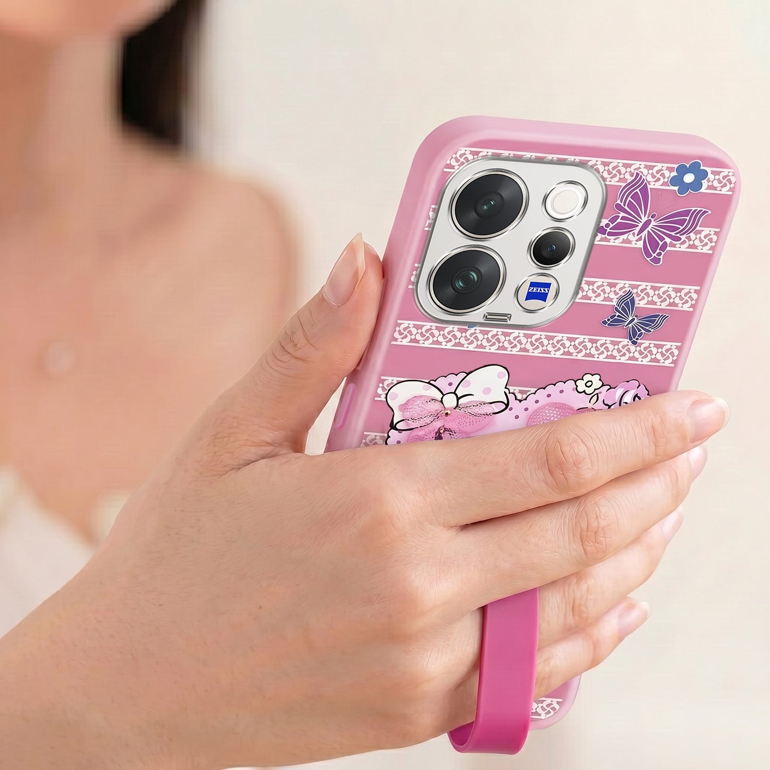 For Vivo V70 | Vivo V70 Elite 5G Back Cover Case (3D Cute Heart Strap Holder | Camera Protection | Designer Girls Print)