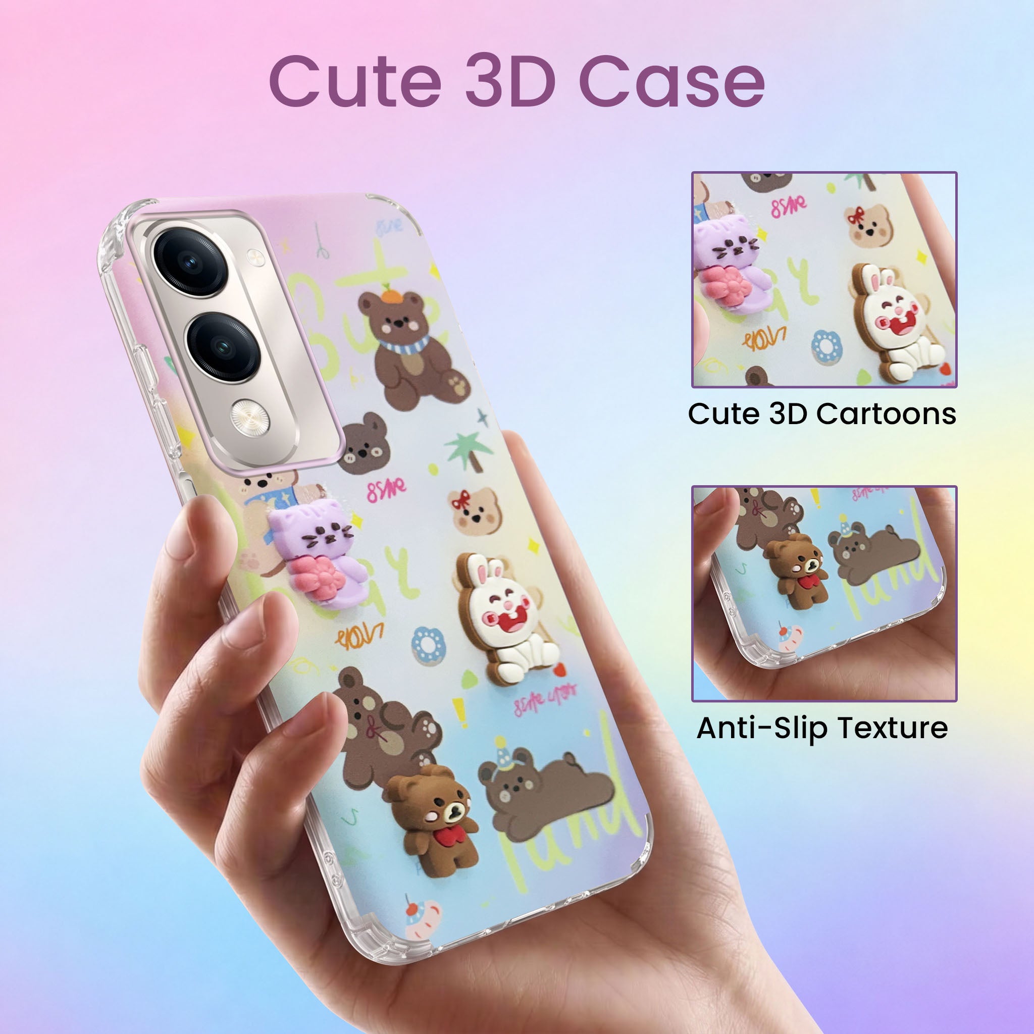 For Vivo Y19 | Vivo Y19e | Vivo T4 Lite Back Cover Case (3D Cute Cartoons | Hard Back Side Soft | Matte Premium Finish | HD Printing)