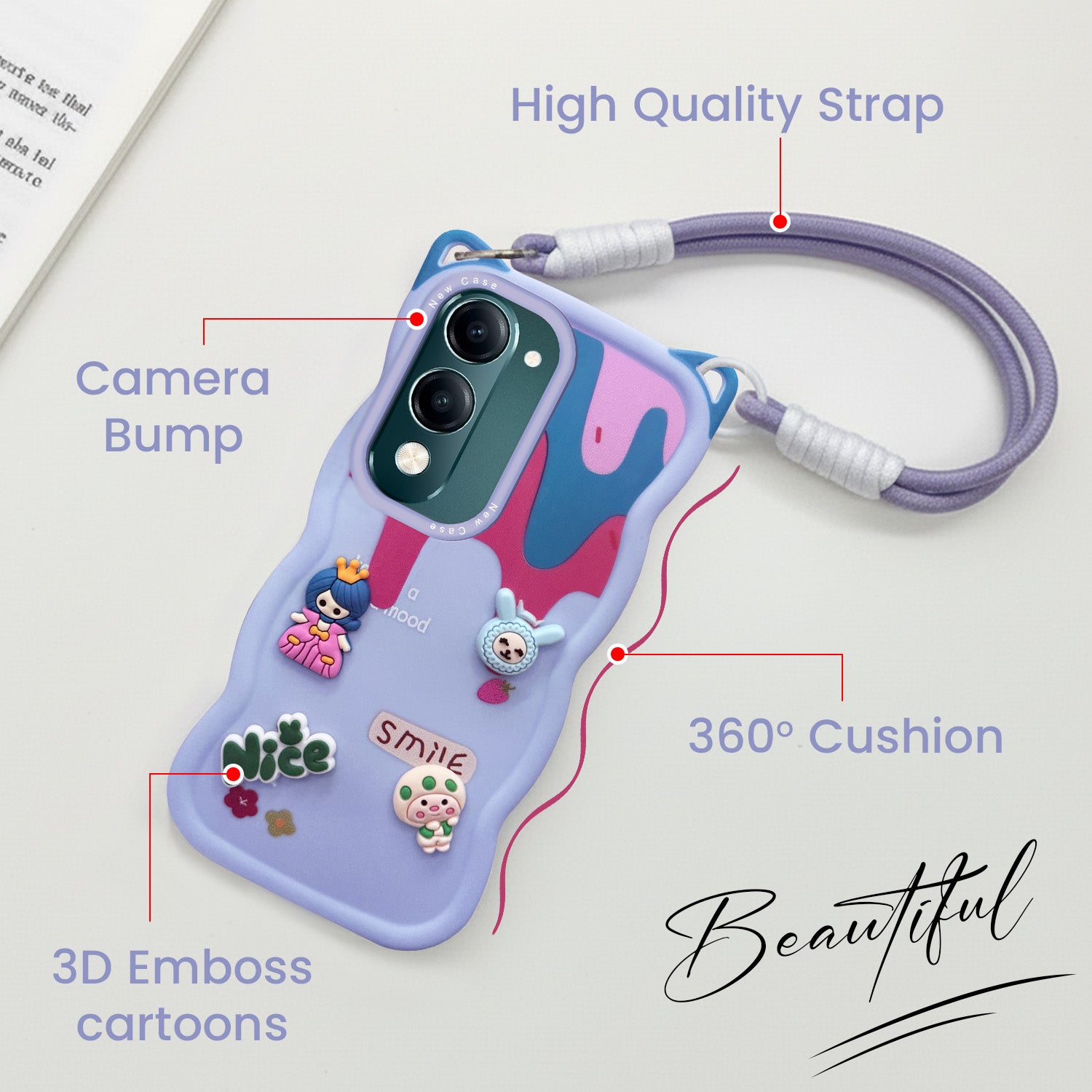 For Vivo Y19 | Vivo Y19e | Vivo T4 Lite Back Case Cover Strap (3D Embossed Figures | Strap Holder | 360* Soft Cushion with Camera Bump)