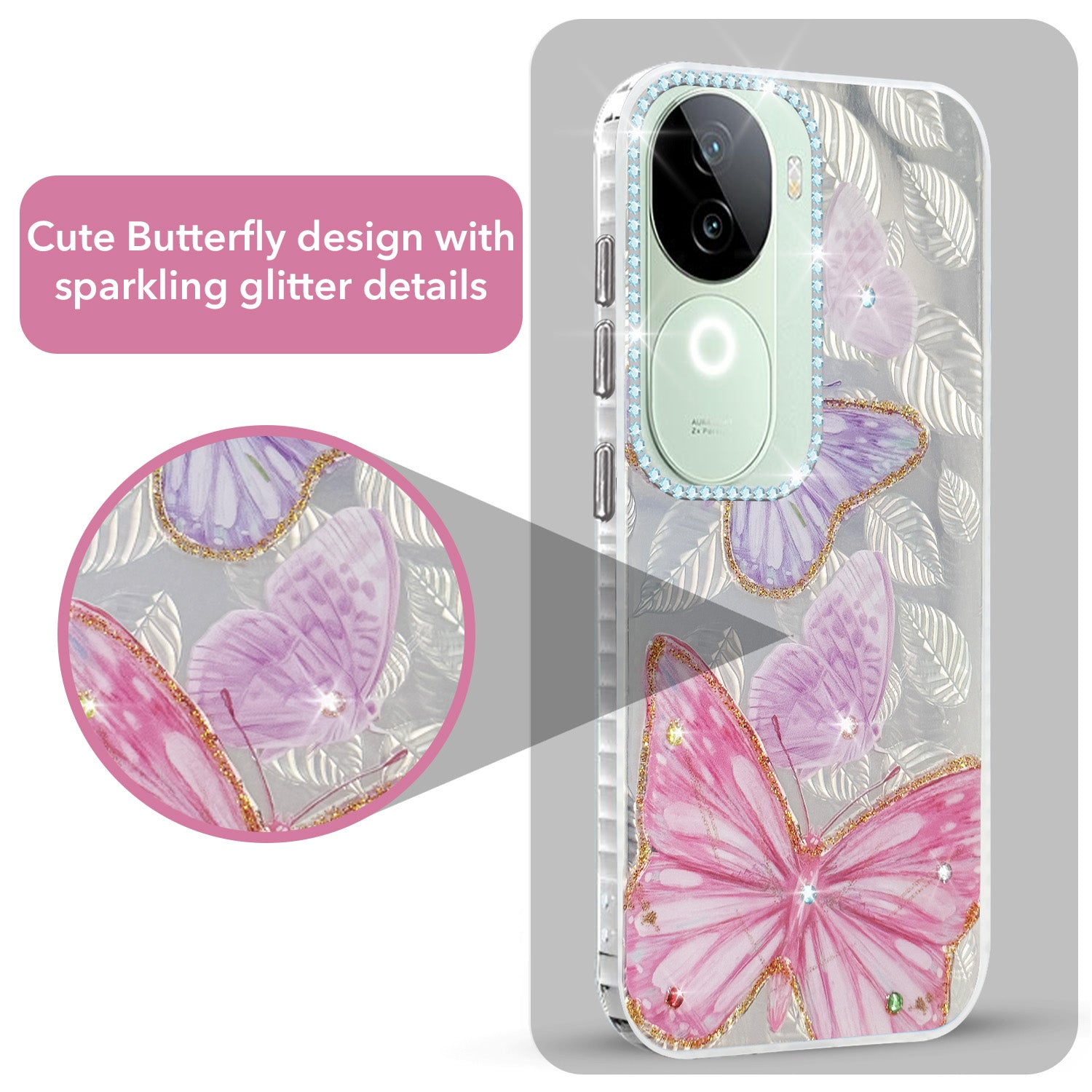 For Vivo iQOO Z9s  Back Cover Case (Luxury Floral Glitter Cute Butterfly | Diamond Studded Camera Bump | Girls & Women Design)