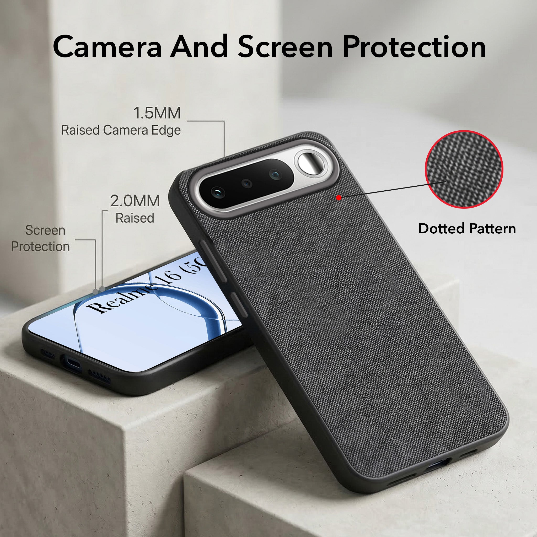 For Realme 16 Combo with Back Cover and 9H Tempered Glass (Textured Grip Design | Micro-Fiber Cloth Inside | Oleophobic Coating Screen Glass)