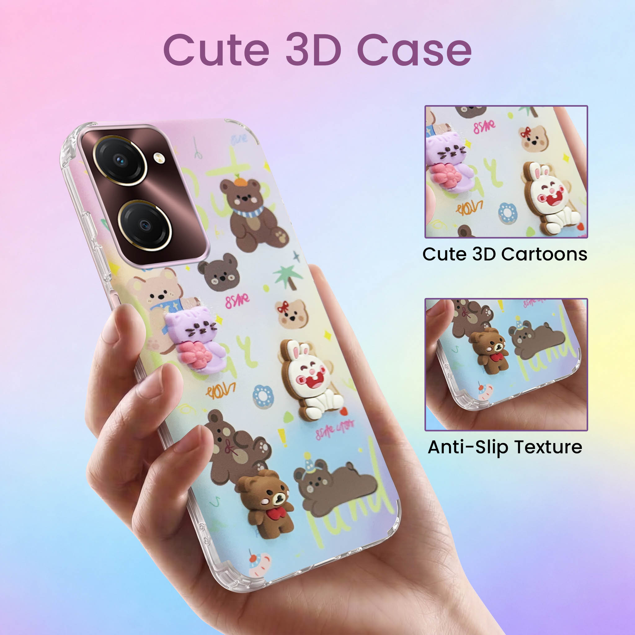 For Vivo iQOO Z9 Lite 5G Back Cover Case (3D Cute Cartoons | Hard Back Side Soft | Matte Premium Finish | HD Printing)