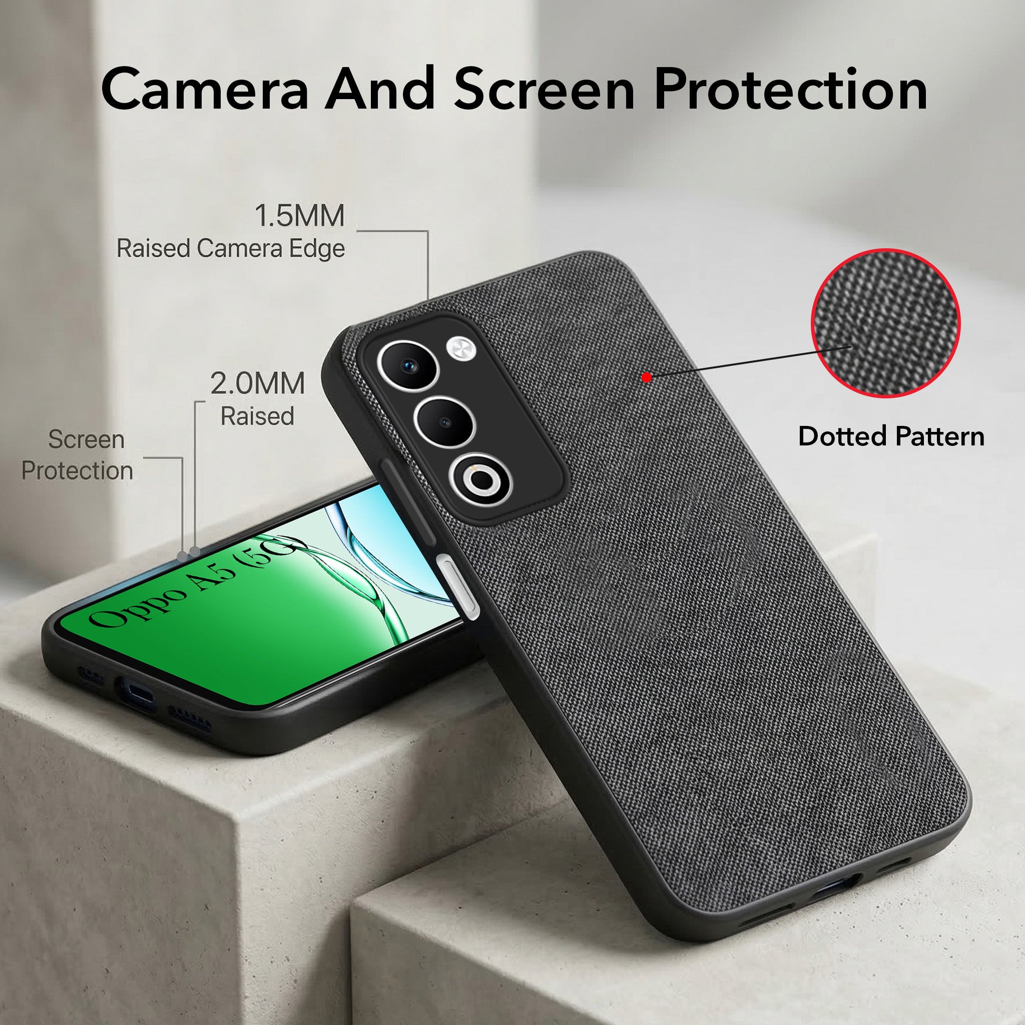 For Oppo A5 5G Combo (Textured Grip Design | Micro-Fiber Cloth Inside | Oleophobic Coating Screen Glass)