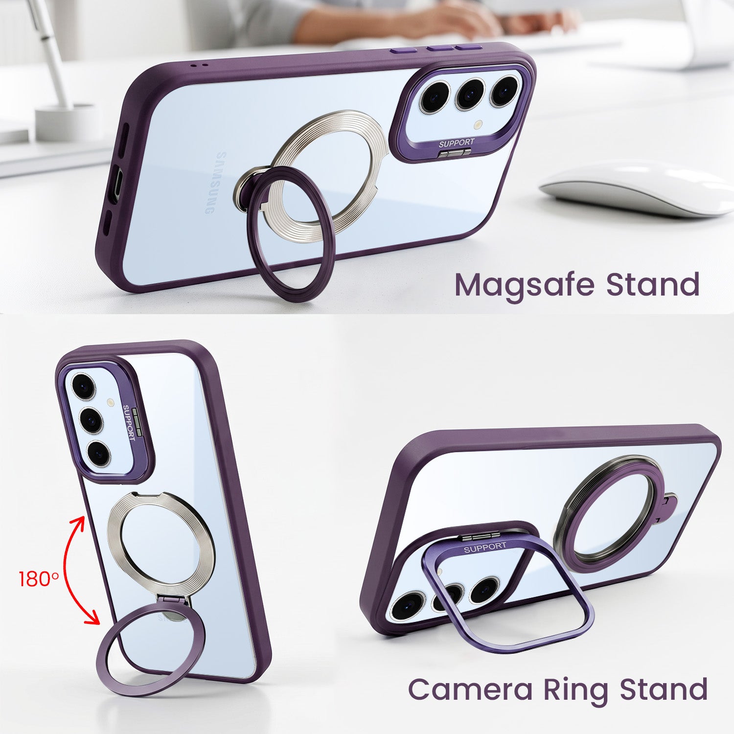 For Samsung Galaxy S24 FE Back Cover Case Crystal (Lifetime Anti Yellow | Magnetic Ring Stand | Camera Lens Protection | MagSafe Compatible)