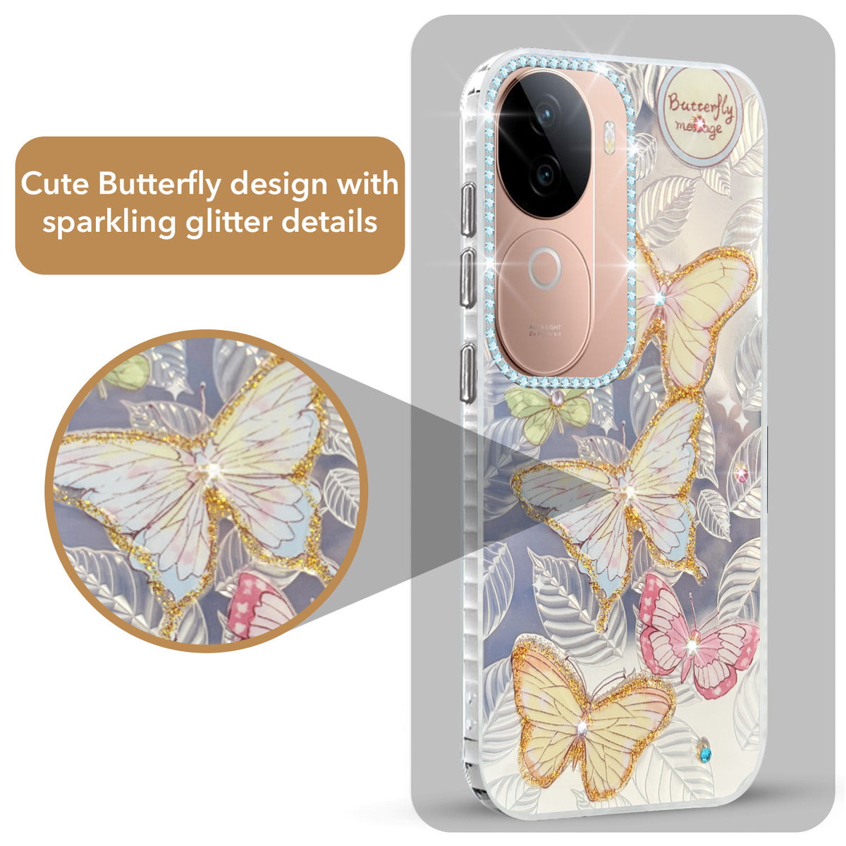 For Vivo V40e Back Cover Case (Luxury Floral Glitter Cute Butterfly | Diamond Studded Camera Bump | Girls & Women Design)