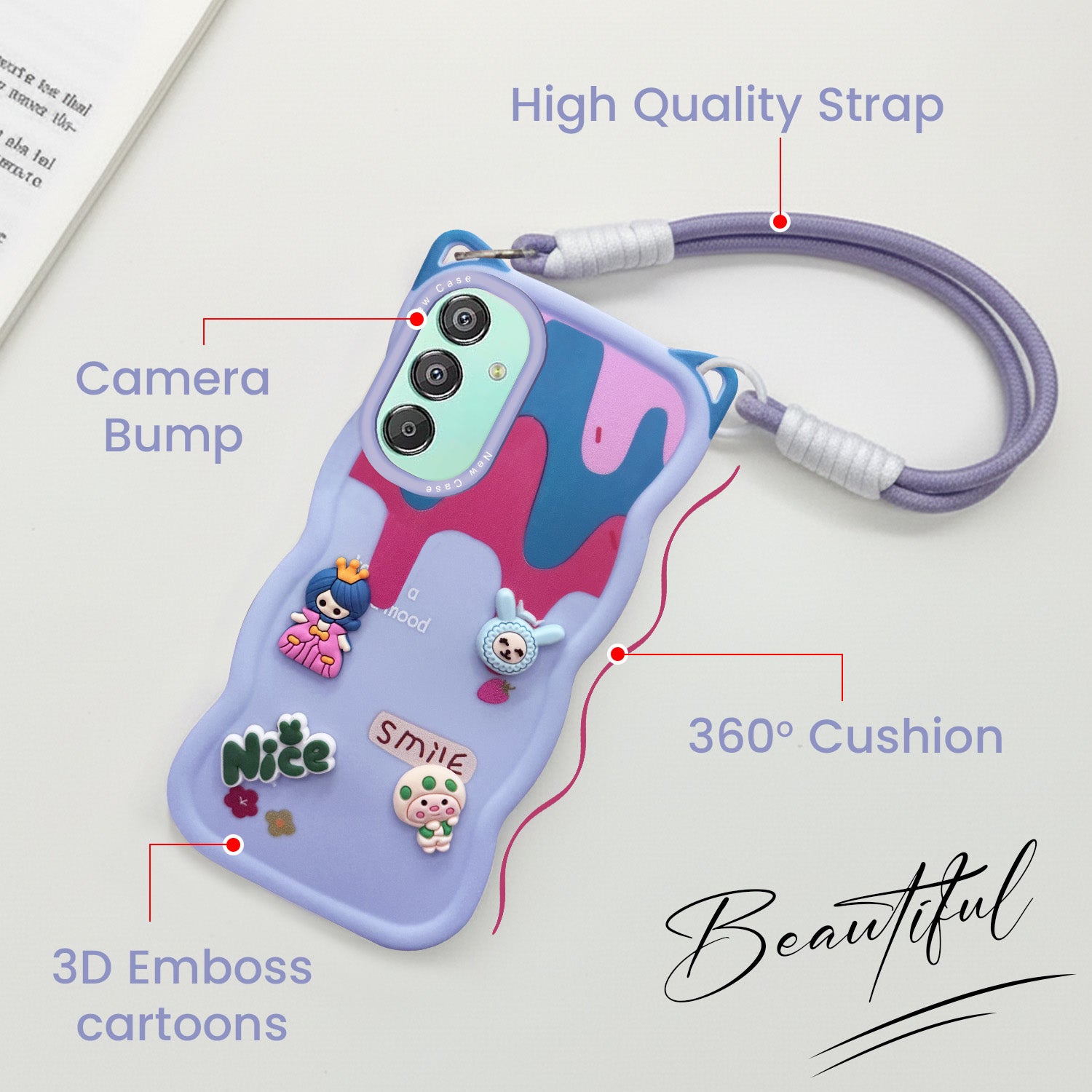 For Samsung Galaxy F15 5G Back Case Cover Strap(3D embossed Figures | Strap Holder | 360* Soft Cushion with Camera Bump)