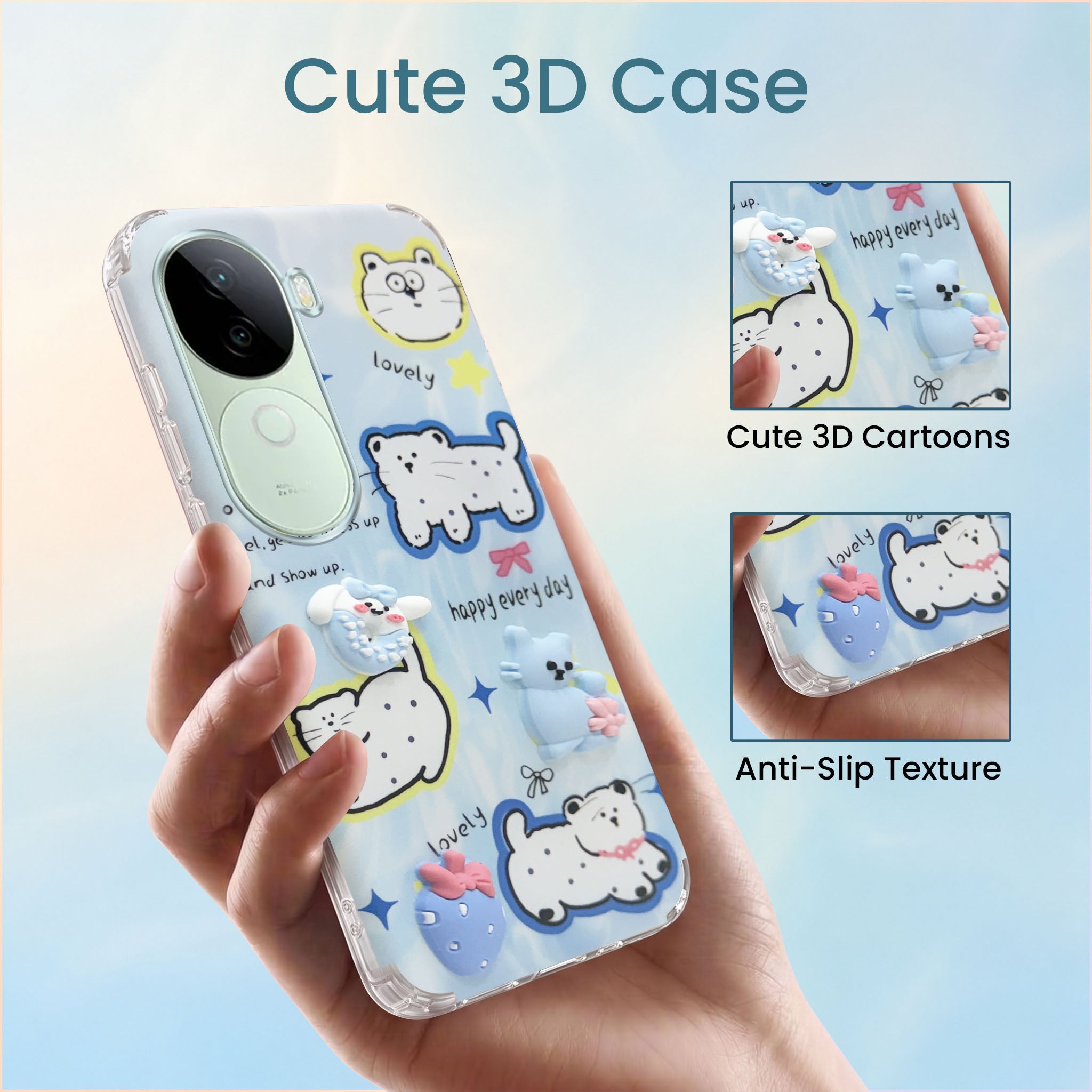 For Vivo V40e Back Cover Case (3D Cute Cartoons | Hard Back Side Soft | Matte Premium Finish | HD Printing)