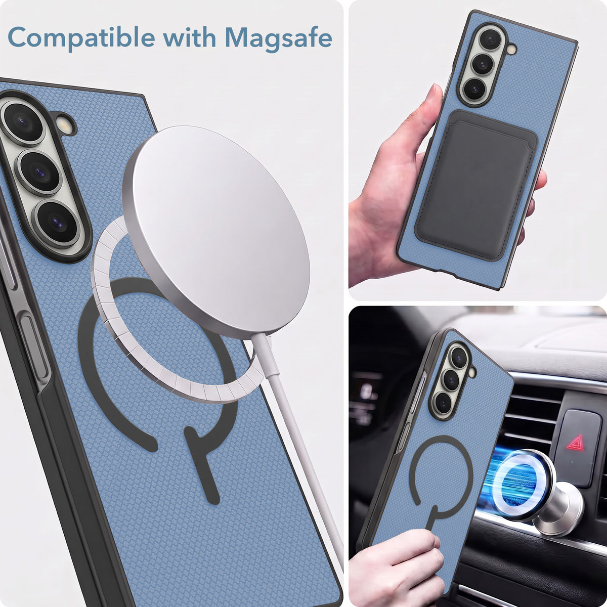 For Samsung Galaxy Z Fold 6 5G Premium Magnetic Back Cover Case (MagSafe Compatible | 180° Folding Design | Soft Microfiber Inner Lining | Textured Blue Finish)