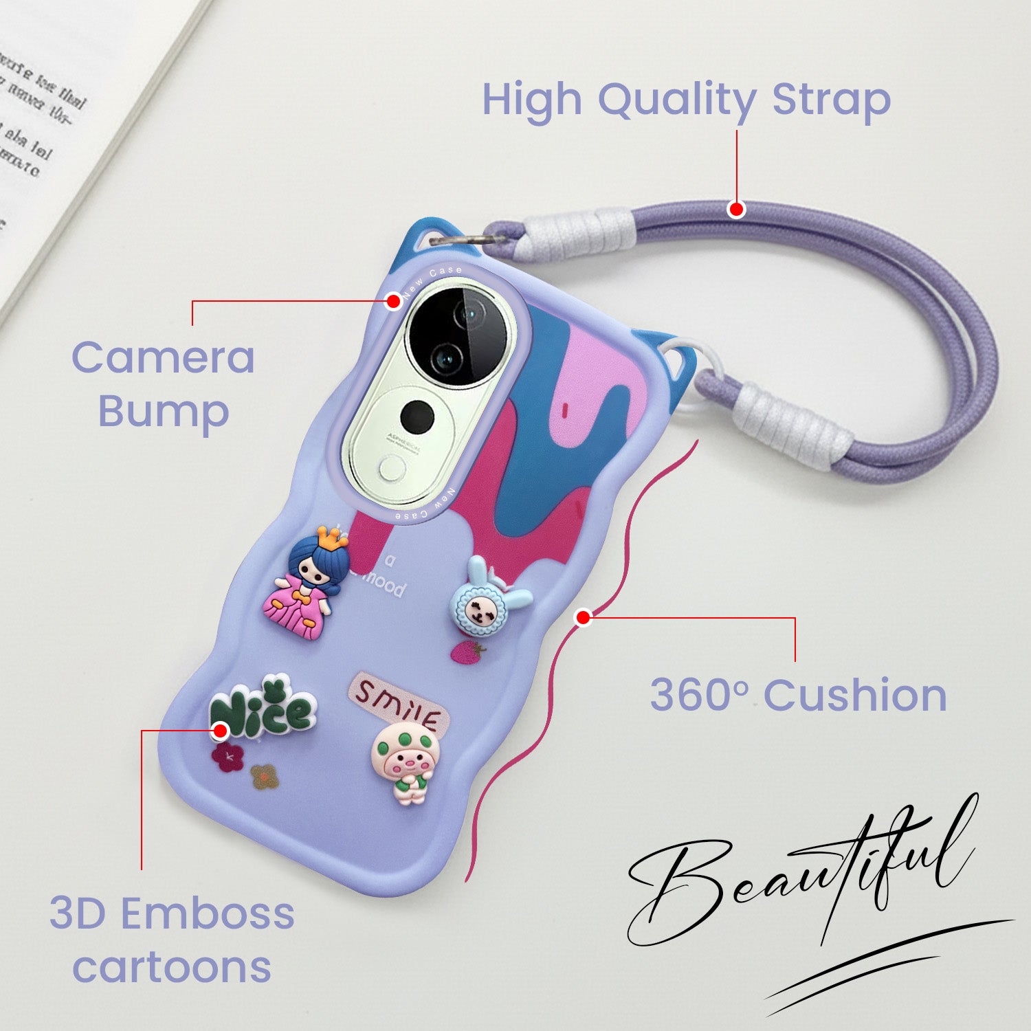 For Vivo T3 Ultra Back Case Cover Strap (3D embossed Figures | Strap Holder | 360* Soft Cushion with Camera Bump)