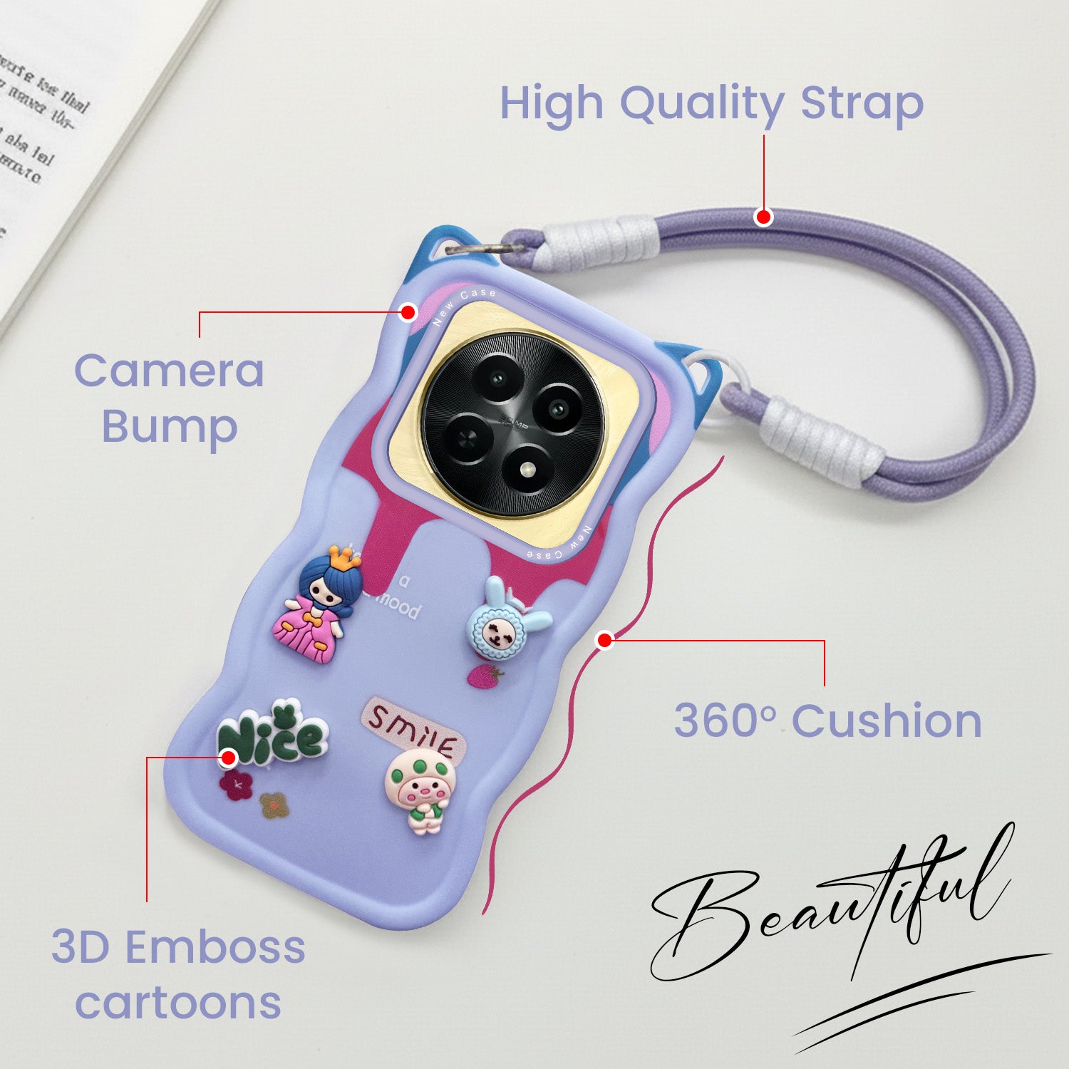 For Realme Narzo N65 5G Back Case Cover Strap (3D Embossed Figures | Strap Holder | 360* Soft Cushion with Camera Bump)