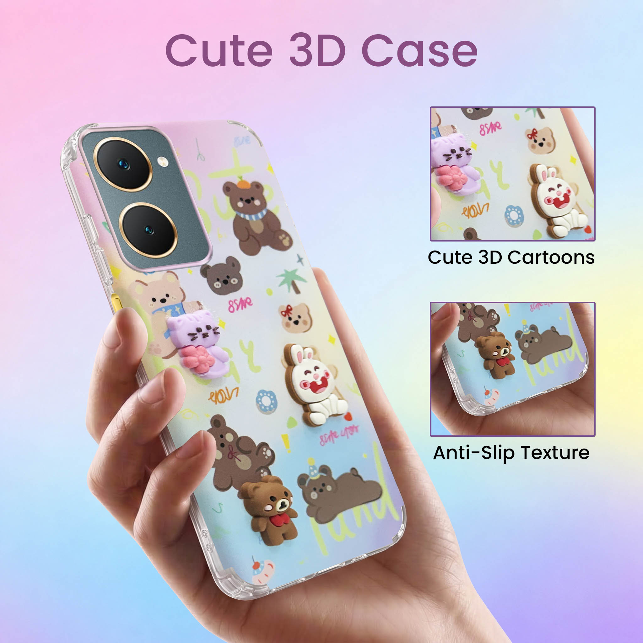 For Vivo Y18 | Y18e | Y03 | Y18i | Y18t Back Cover Case (3D Cute Cartoons | Hard Back Side Soft | Matte Premium Finish | HD Printing)