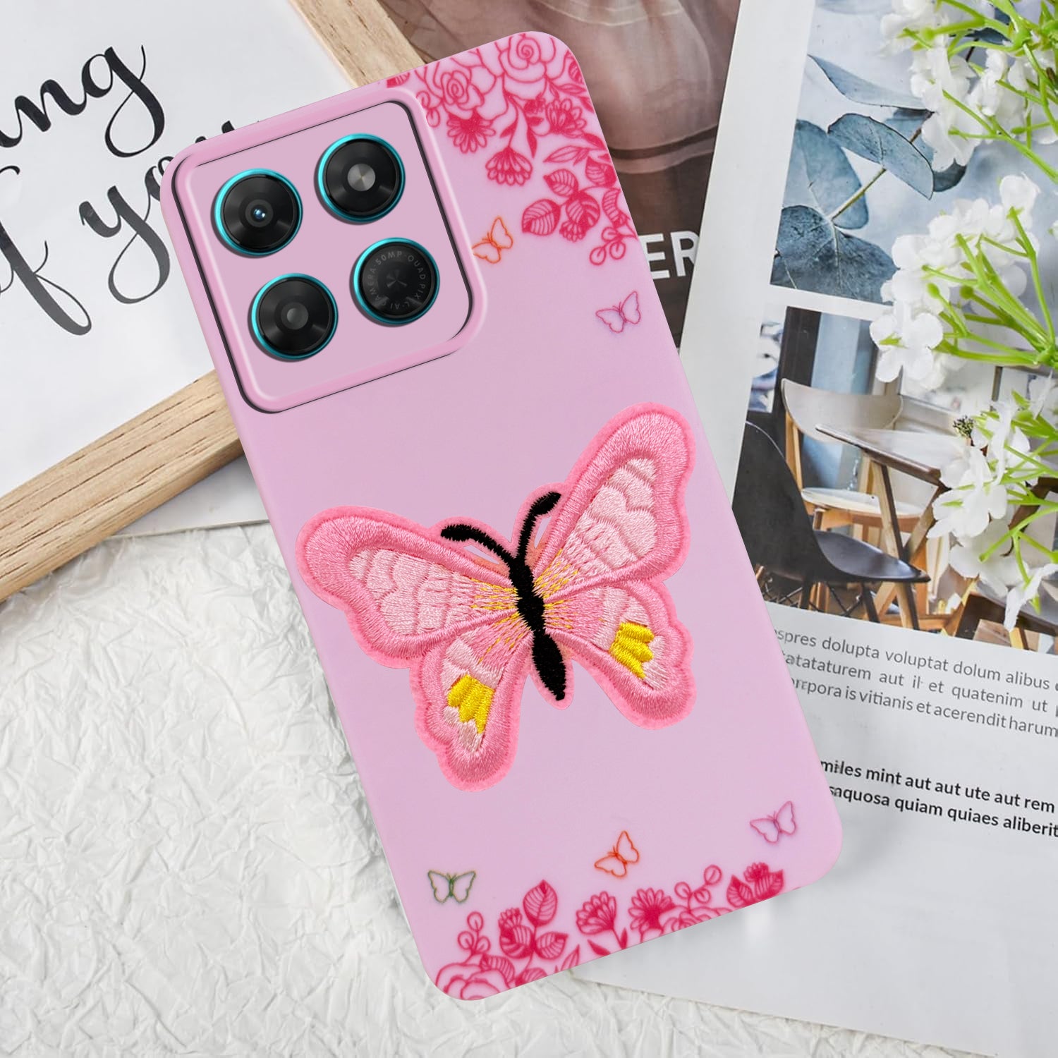 For Motorola Moto G37 Back Cover Case (Soft Butterfly Embroidery | Women Teen Girls | Camera Protection| Matte Silicone)
