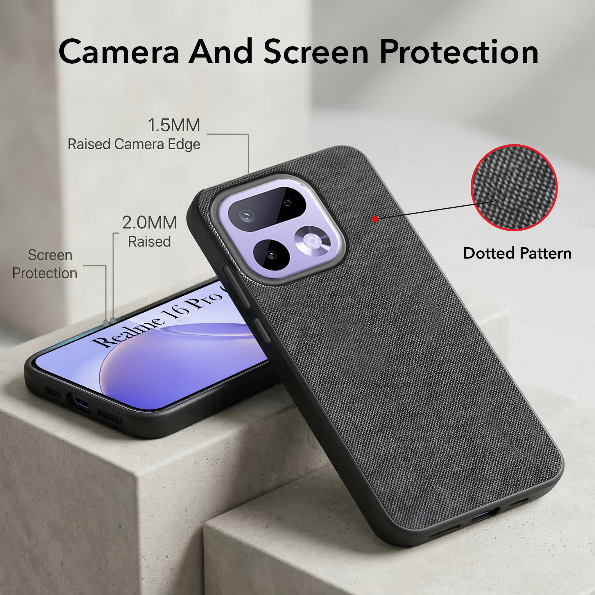 For Realme 16 Pro Combo with Back Cover and 9H Tempered Glass (Textured Grip Design | Micro-Fiber Cloth Inside | Oleophobic Coating Screen Glass)