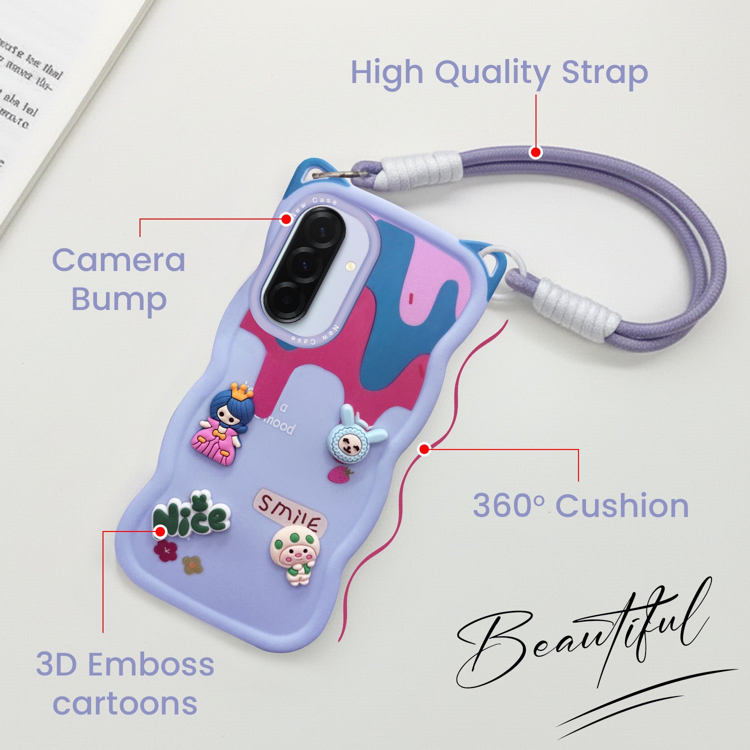For Samsung Galaxy A36 5G Back Case Cover Strap (3D embossed Figures | Strap Holder | 360* Soft Cushion with Camera Bump)