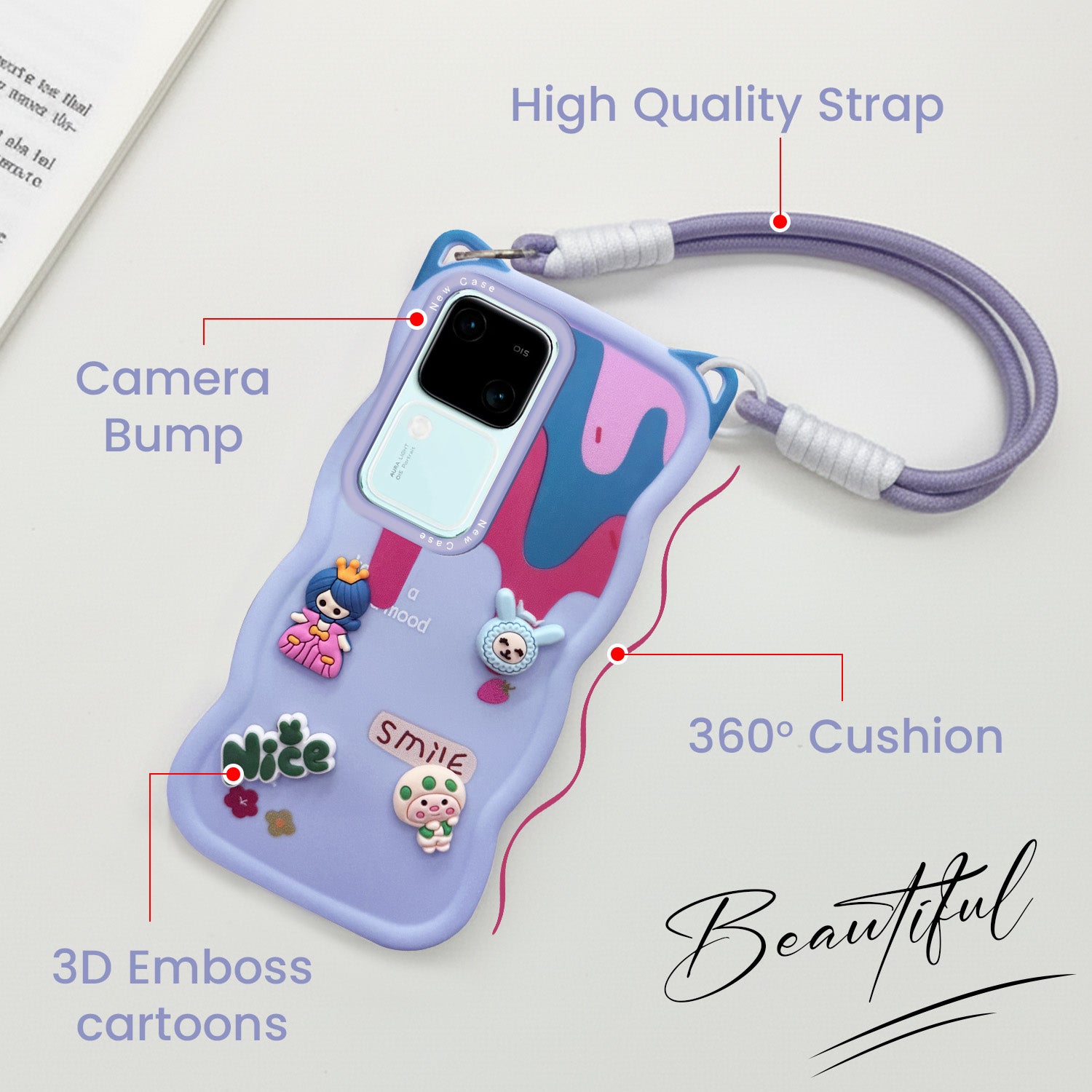 For Vivo V30 | Vivo V30 Pro 5G Back Case Cover Strap(3D embossed Figures | Strap Holder | 360* Soft Cushion with Camera Bump)