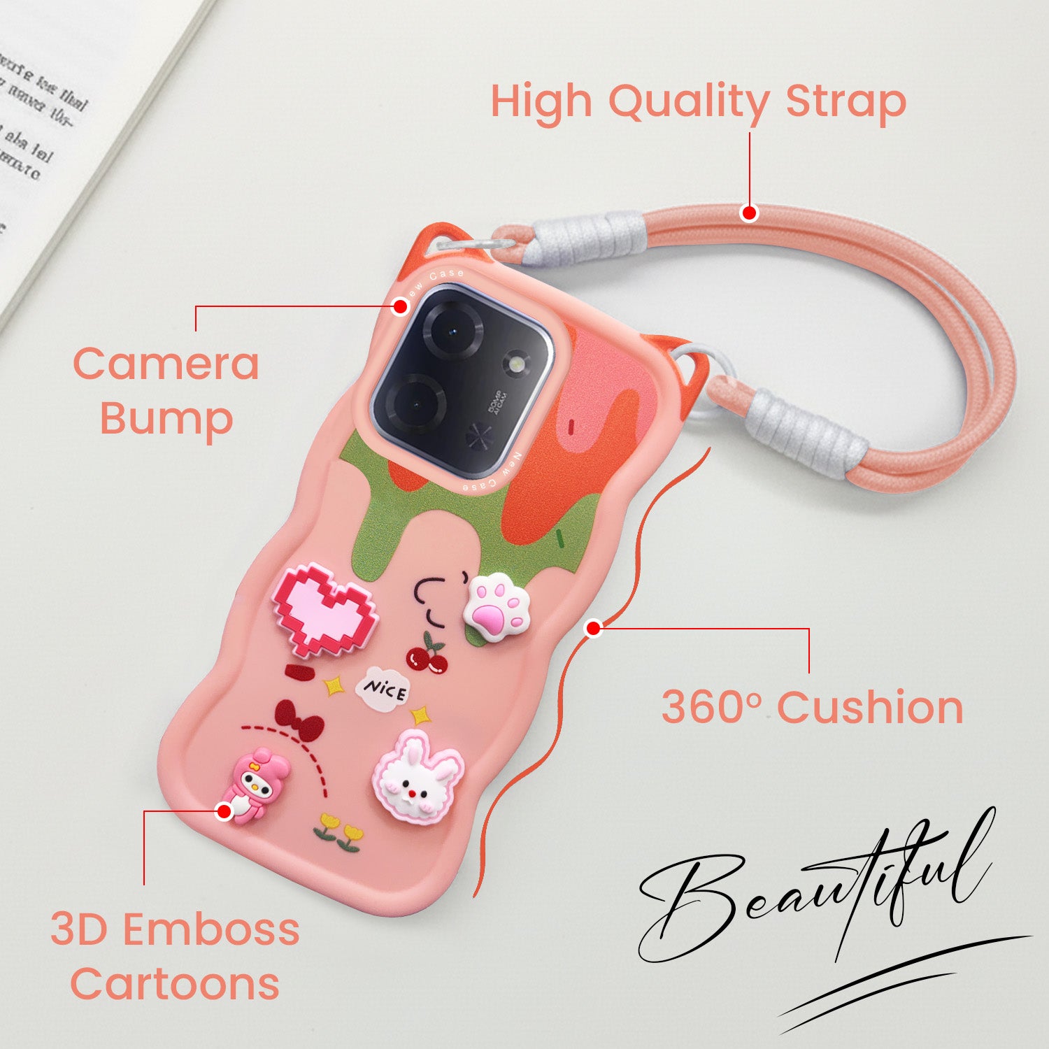 For Poco C85 5G Back Case Cover Strap (3D Embossed Figures | Strap Holder | 360* Soft Cushion with Camera Bump)