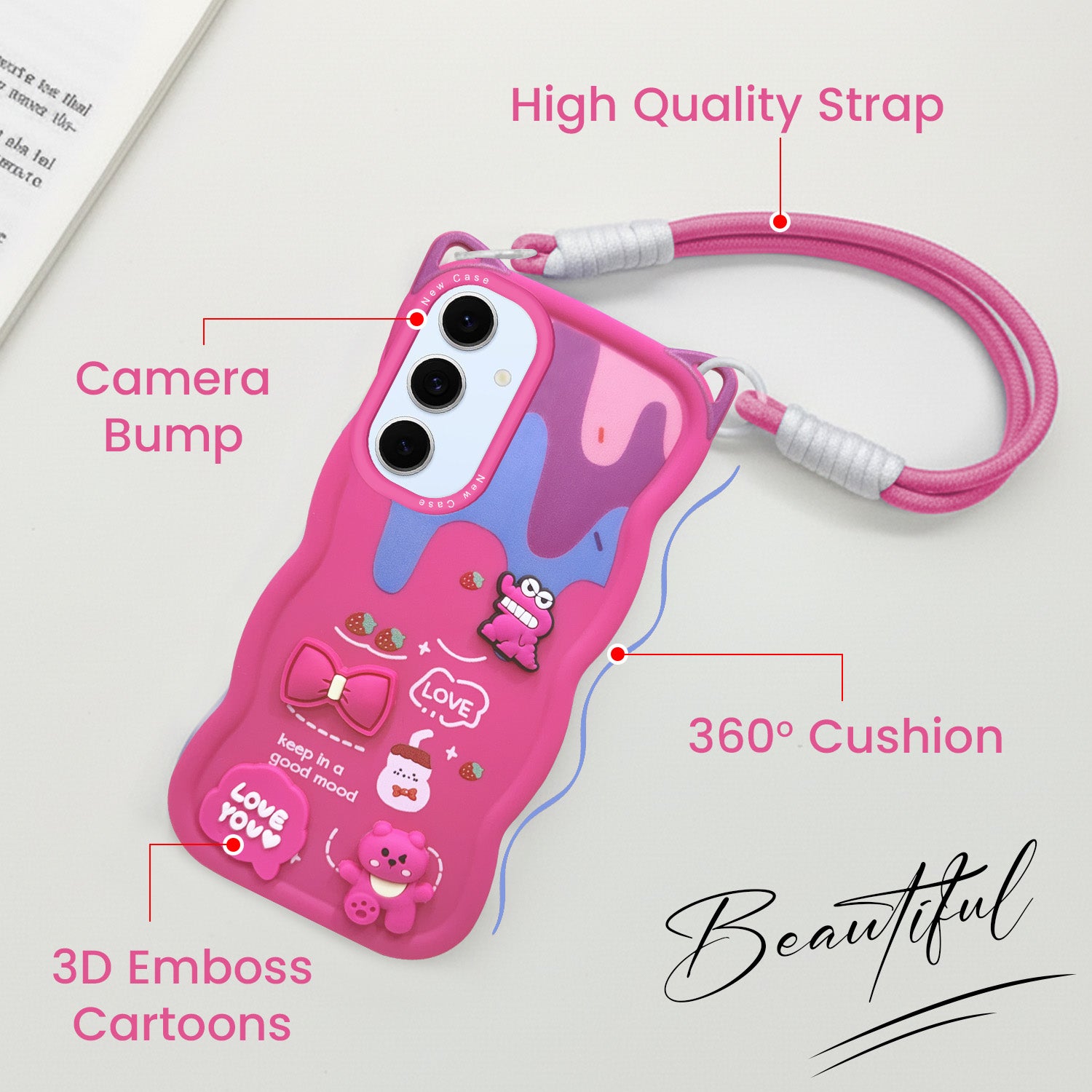 For Samsung Galaxy S24 FE Back Case Cover Strap (3D embossed Figures | Strap Holder | 360* Soft Cushion with Camera Bump)