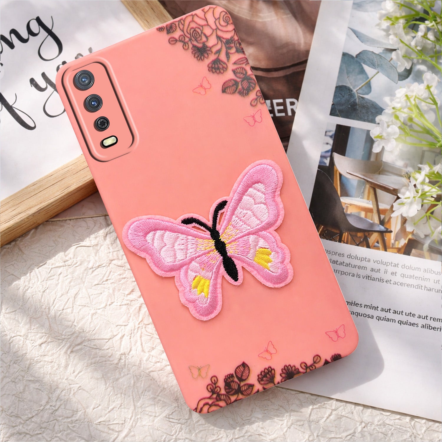 For Vivo Y12s | Y11s | Y12G Back Cover Case (Soft Butterfly Embroidery | Women Teen Girls | Camera Protection| Matte Silicone)