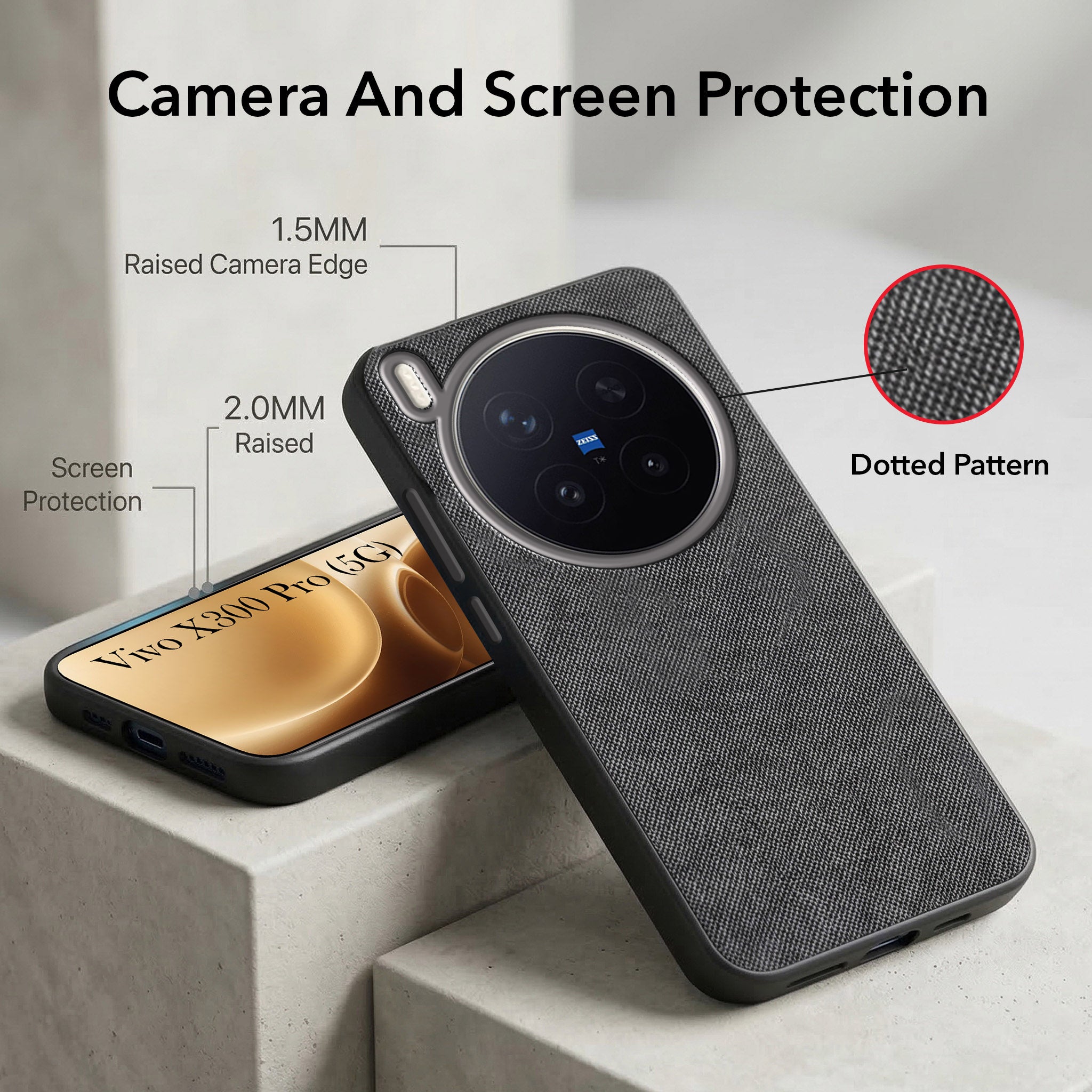 For Vivo X300 Pro Combo with Back Cover and 9H Tempered Glass (Textured Grip Design | Micro-Fiber Cloth Inside | Oleophobic Coating Screen Glass)