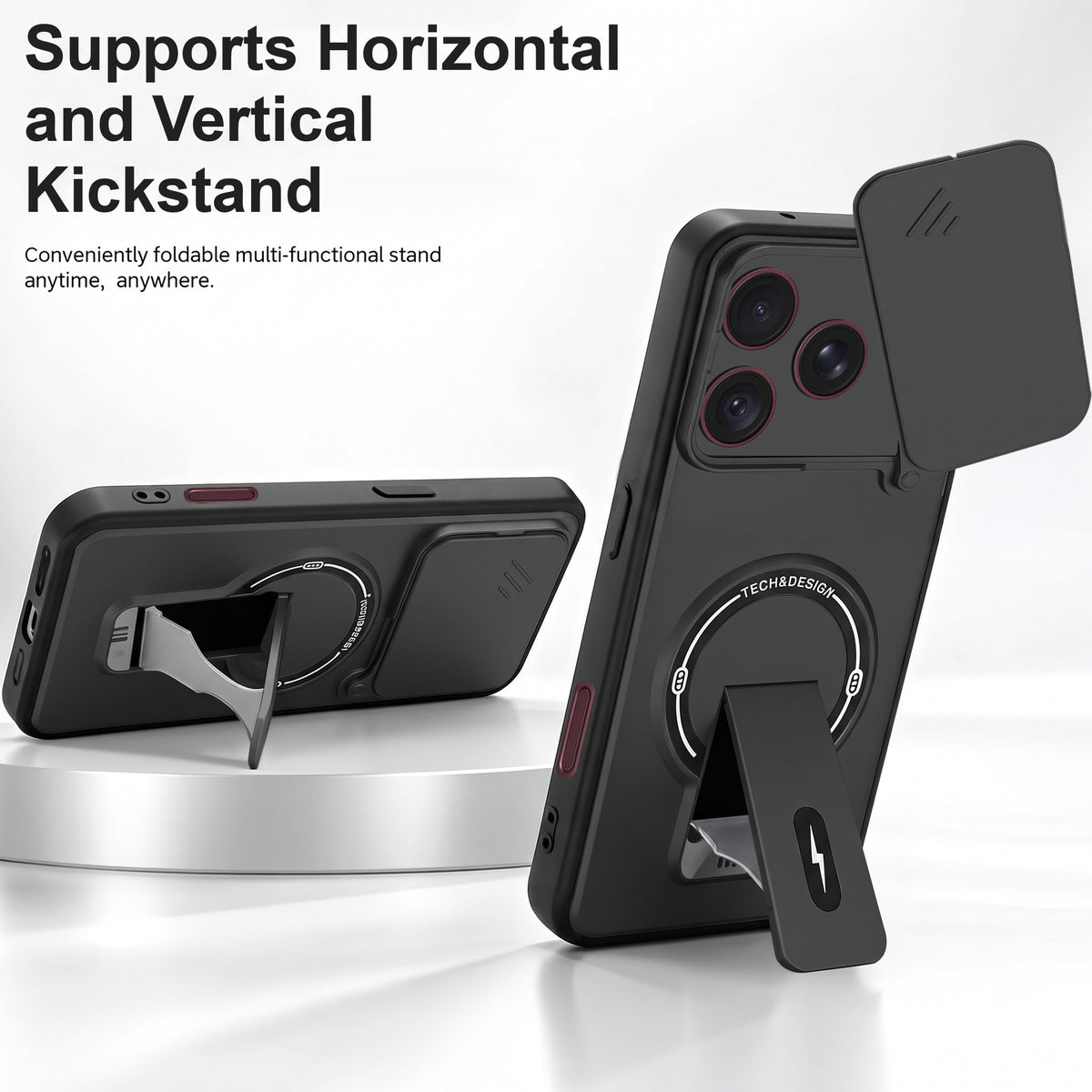 For Apple iPhone 18 Pro Max Back Case Cover Metallic (Hybrid Armor Kickstand | Sliding Shutter Camera Protection | MagSafe Compatible)