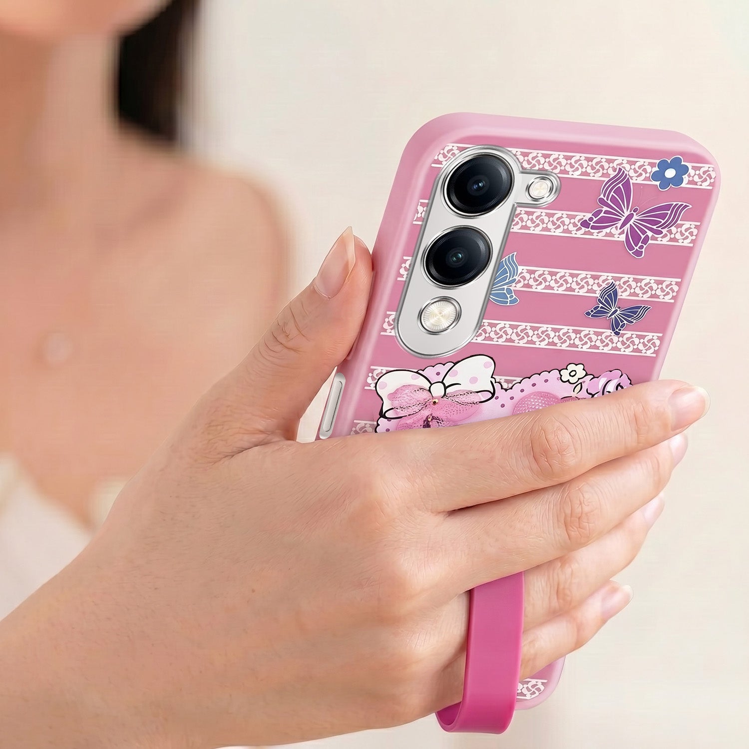 For Vivo Y19 | Vivo Y19e | Vivo T4 Lite Back Cover Case (3D Cute Heart Strap Holder | Camera Protection | Designer Girls Print)