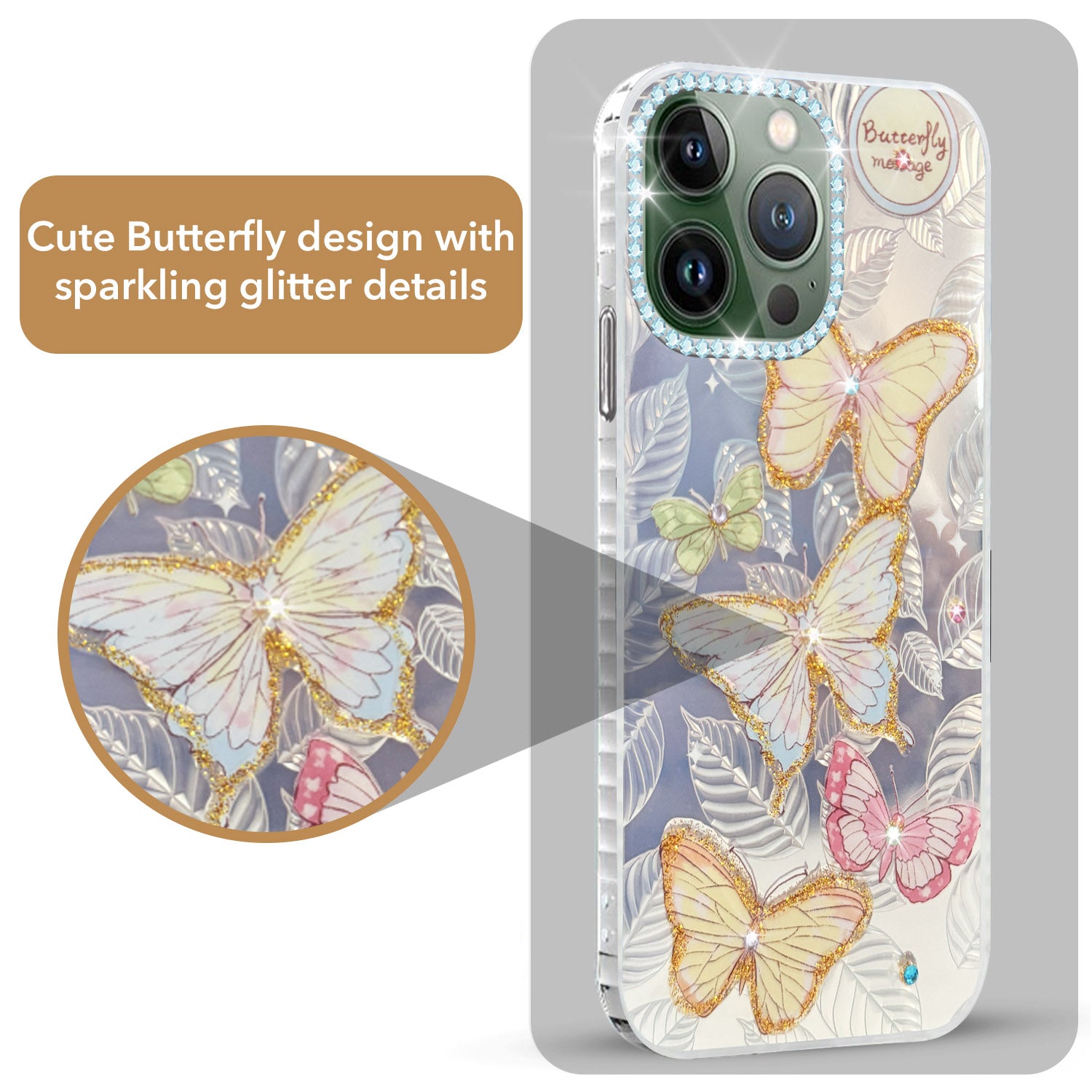 For Apple iPhone 13 Pro Back Cover Case (Luxury Floral Glitter Cute Butterfly | Diamond Studded Camera Bump | Girls & Women Design)