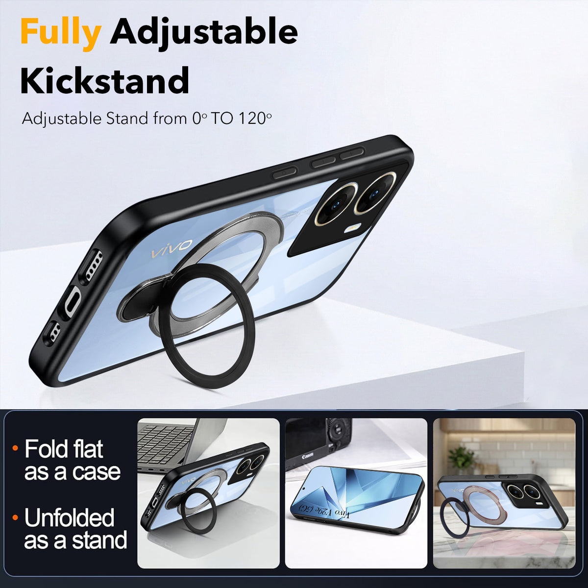 For Vivo V29e 5G Back Cover Case (Kick Stand Ring Holder | Life time Anti Yellow | Camera Protection)
