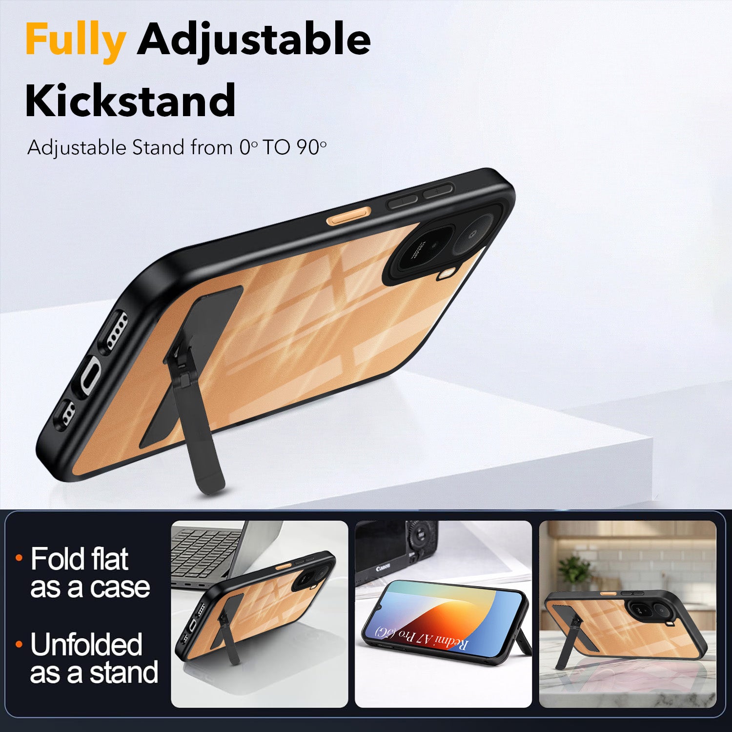 For Redmi A7 Pro 5G Back Cover Case (Built-in Stand | Lifetime Anti Yellow | Kickstand Shockproof | Camera Protection | MagSafe Compatible)