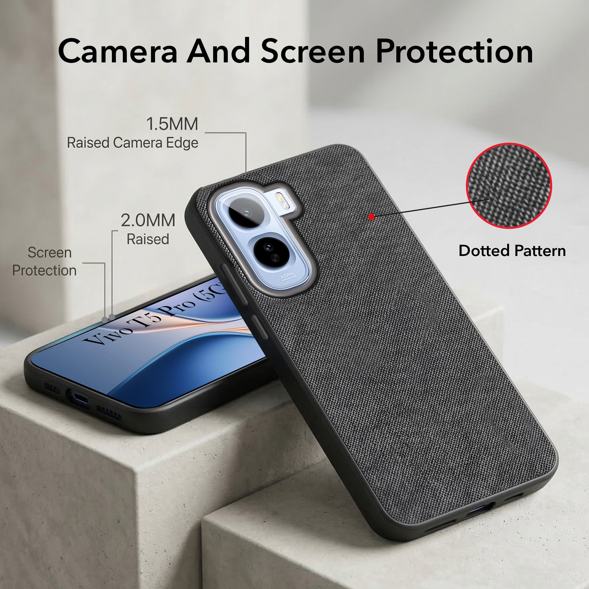 For Vivo T5 Pro 5G Combo (Textured Grip Design | Micro-Fiber Cloth Inside | Oleophobic Coating Screen Glass)