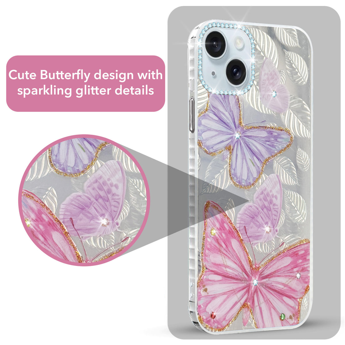 For Apple iPhone 15 Back Cover Case (Luxury Floral Glitter Cute Butterfly | Diamond Studded Camera Bump | Girls & Women Design)