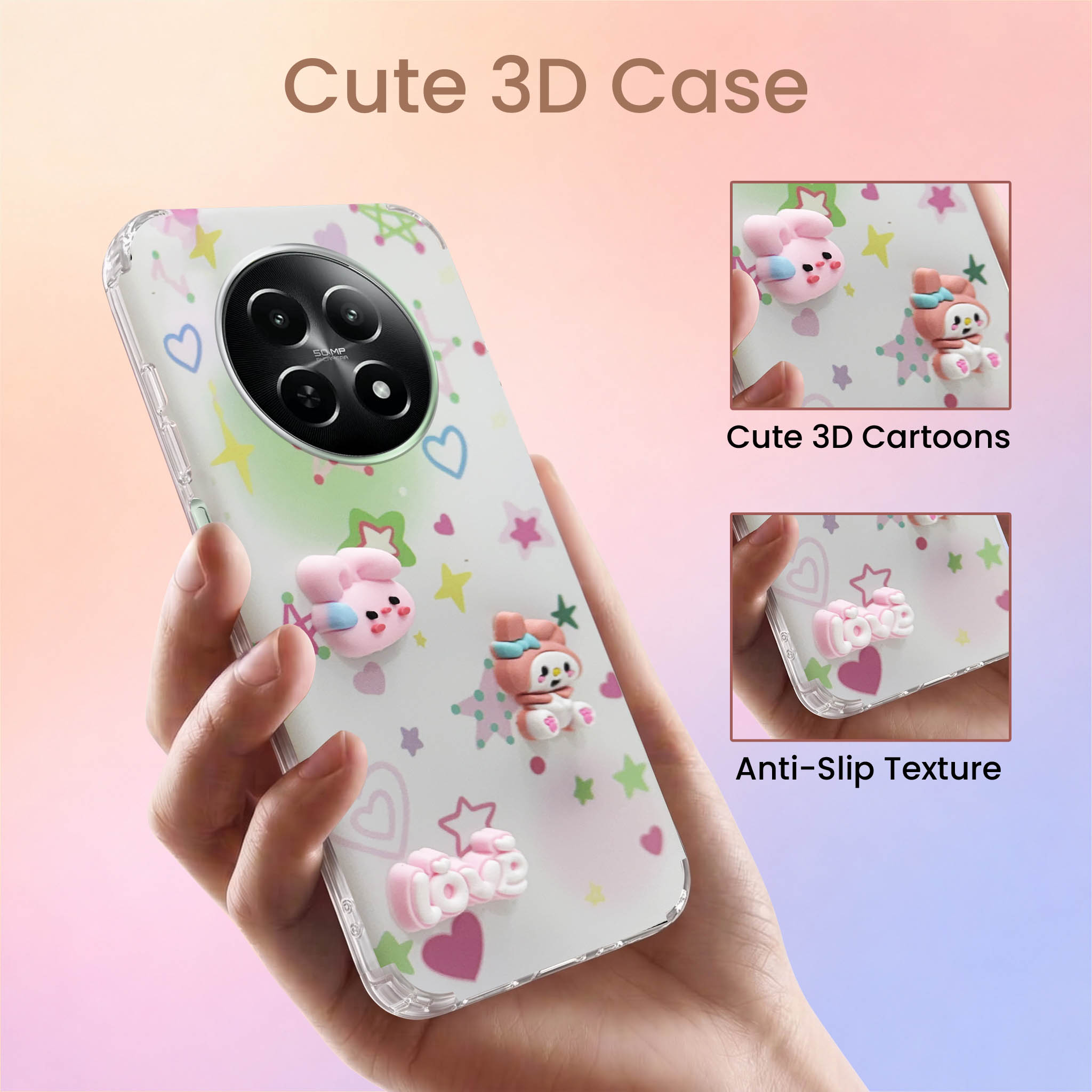 For Realme C65 5G Back Cover Case (3D Cute Cartoons | Hard Back Side Soft | Matte Premium Finish | HD Printing)