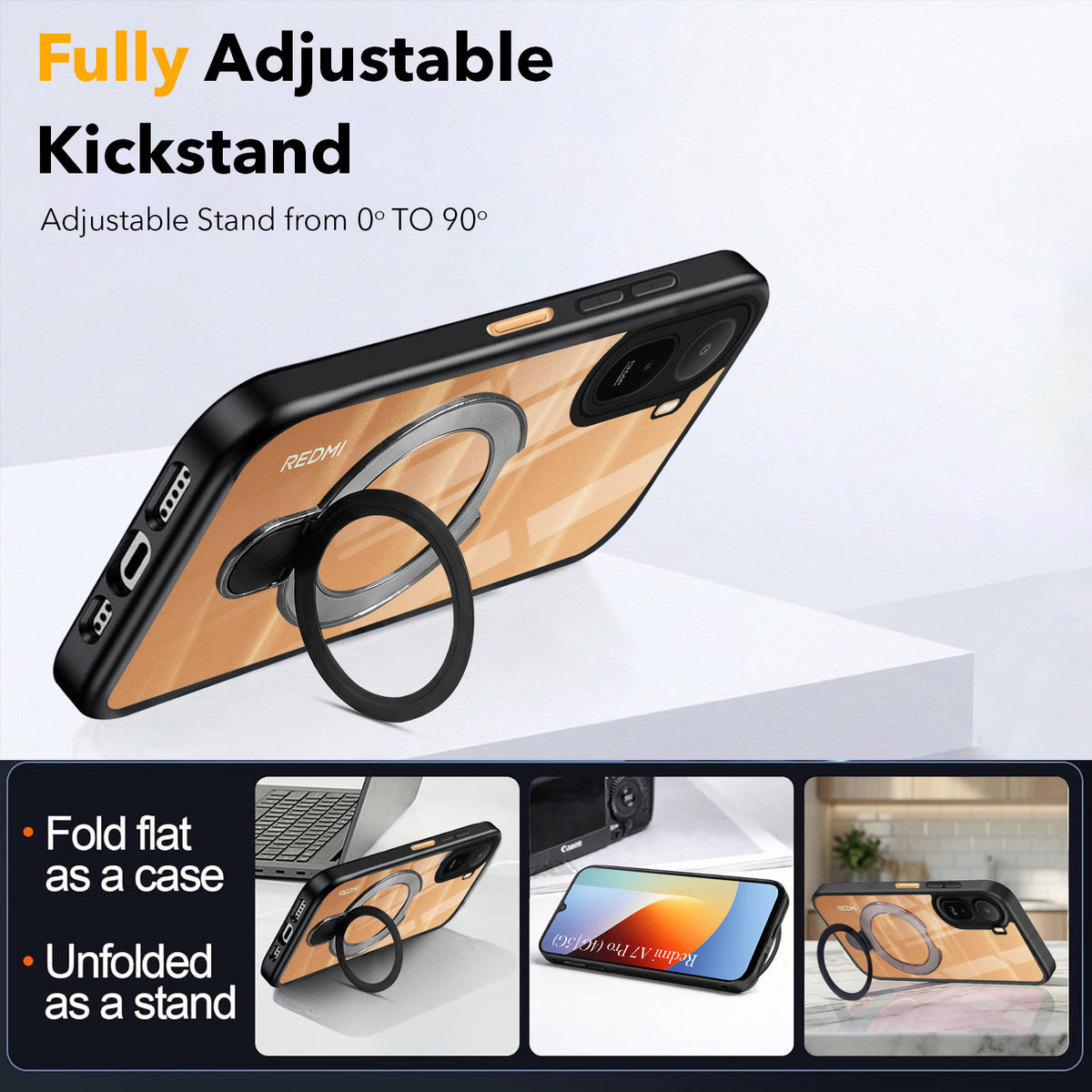 For Redmi A7 Pro 4G|5G Back Cover Case (Kick Stand Ring Holder | Life time Anti Yellow | Camera Protection)