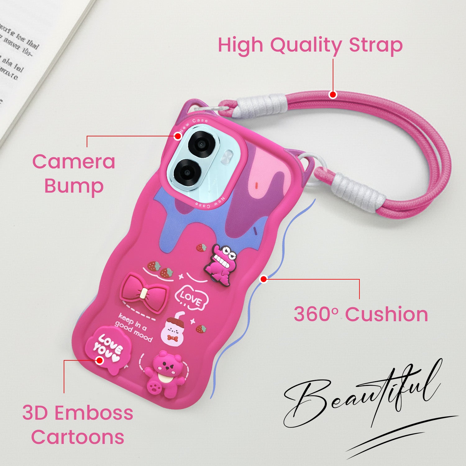 For Oppo A6X | Oppo A6S Back Case Cover Strap (3D Embossed Figures | Strap Holder | 360* Soft Cushion with Camera Bump)