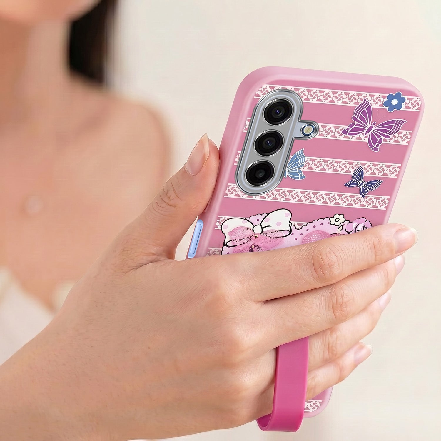 For Samsung A17 Back Cover Case (3D Cute Heart Strap Holder | Camera Protection | Designer Girls Print)