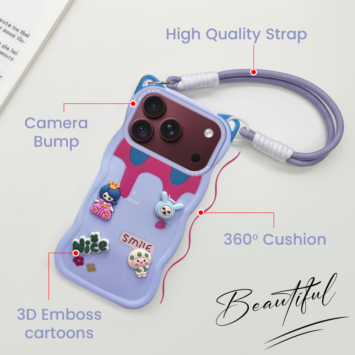 For Apple iPhone 18 Pro Max Back Case Cover Strap (3D Embossed Figures | Strap Holder | 360* Soft Cushion with Camera Bump)