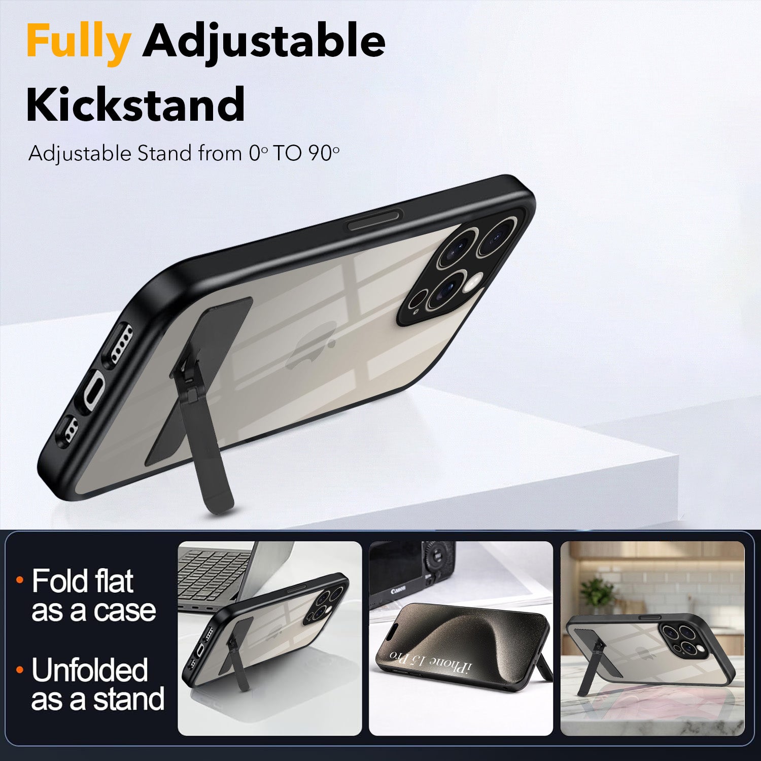 For Apple iPhone 15 Pro Back Cover Case (Built-in Stand | Lifetime Anti Yellow | Kickstand Shockproof | Camera Protection | MagSafe Compatible)