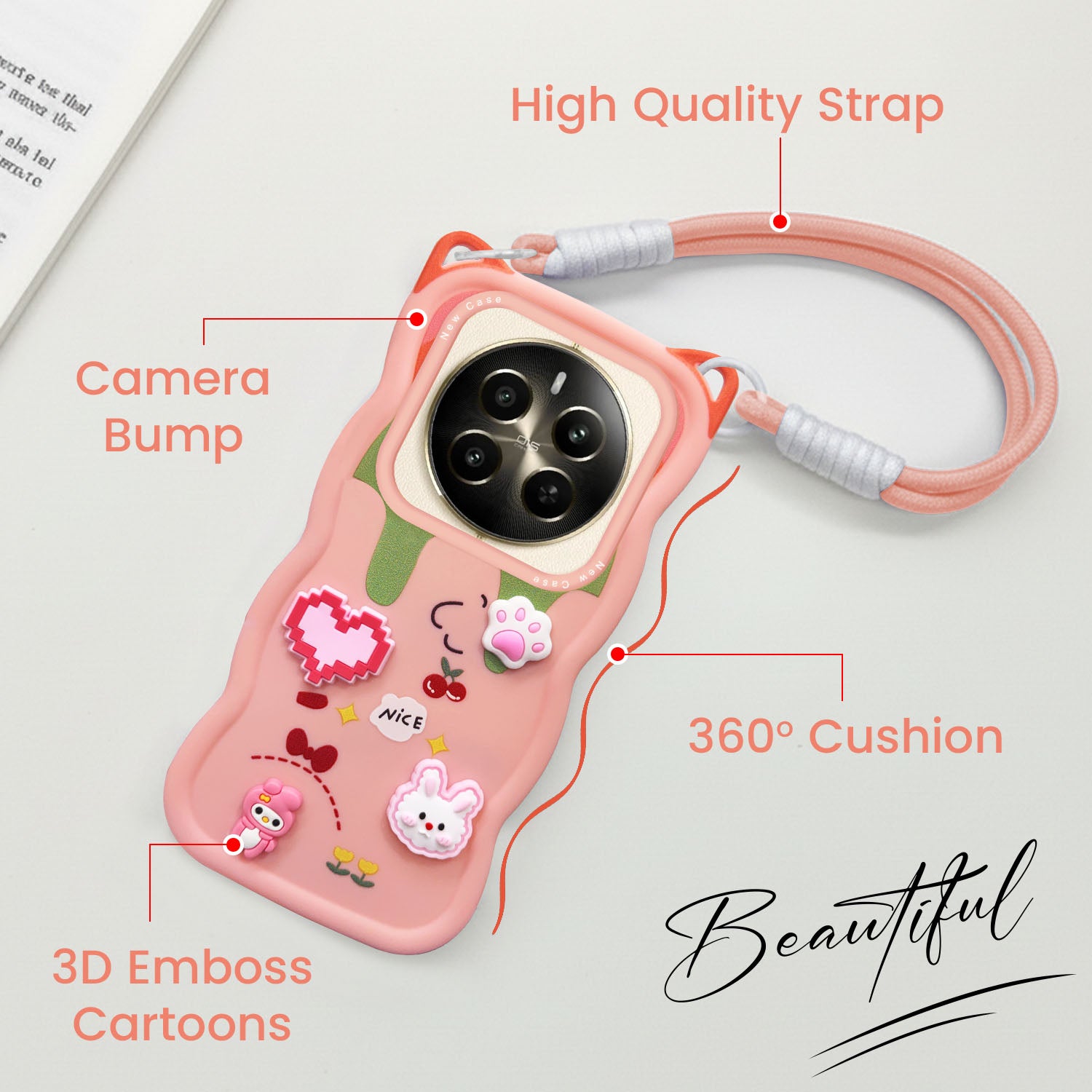 For Realme Narzo 70 Pro Back Case Cover Strap (3D Embossed Figures | Strap Holder | 360* Soft Cushion with Camera Bump)