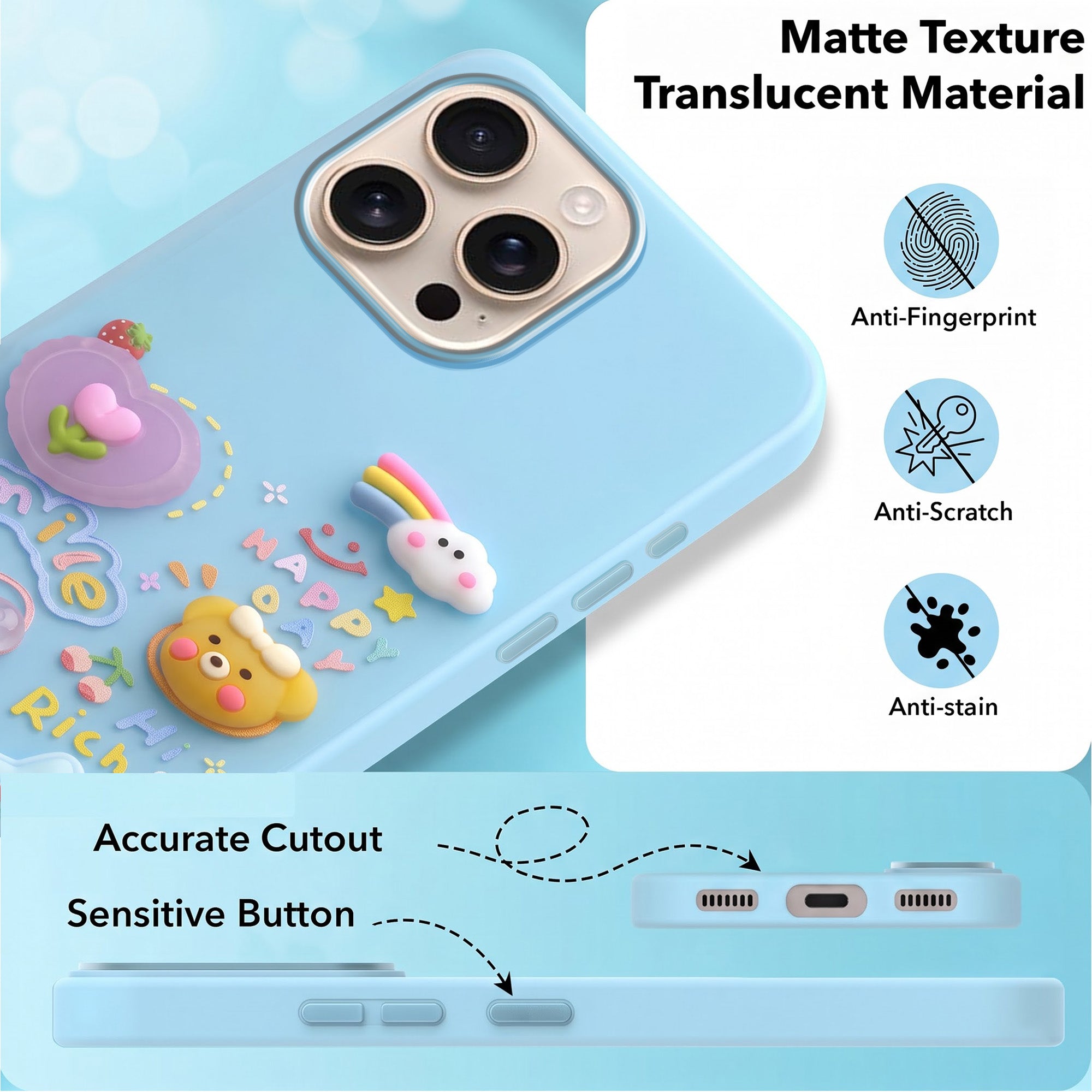 For Apple iPhone 16 Pro Max Back Cover Case (3D Cute Cartoons | Hard Back Side Soft | Matte Premium Finish | HD Printing)