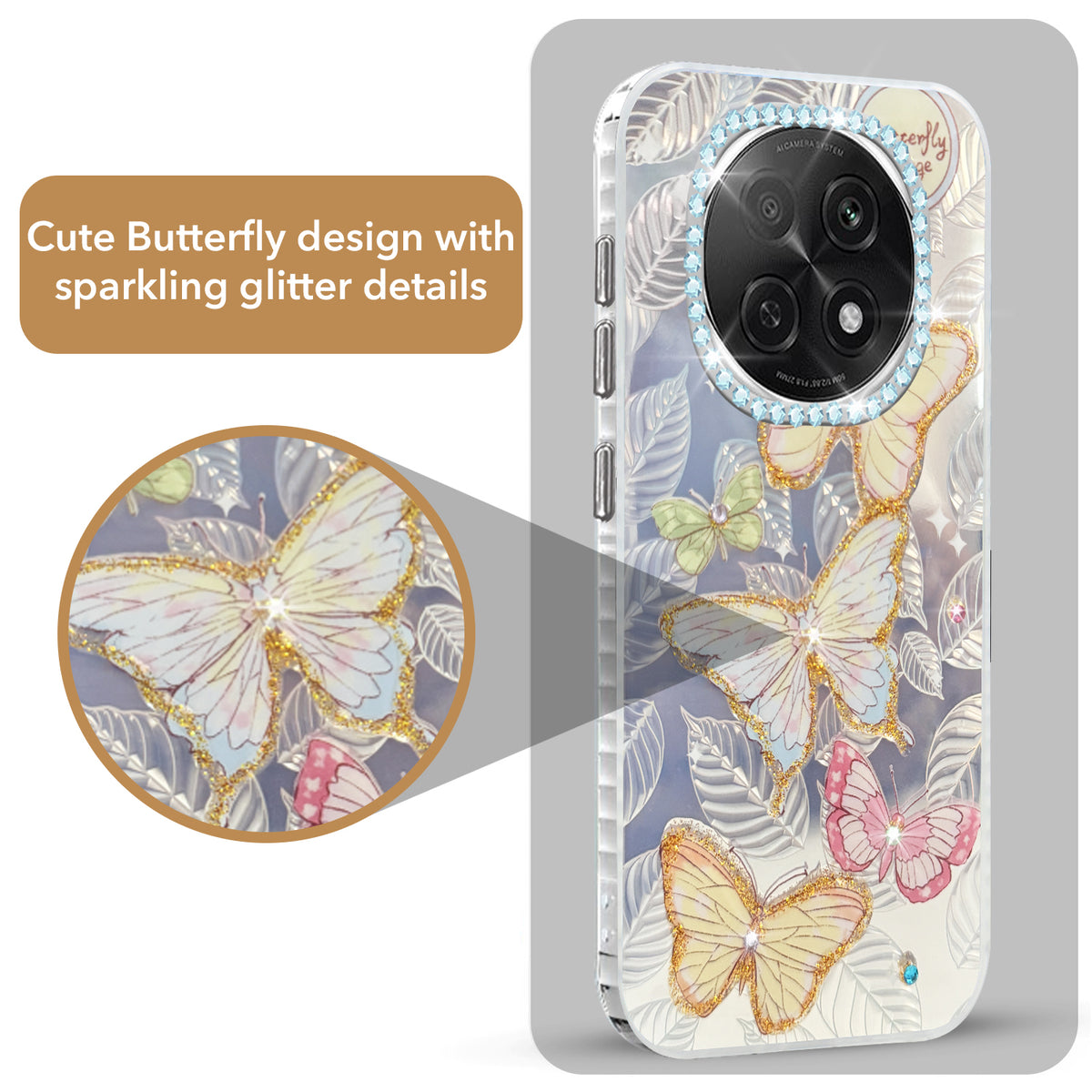 For Oppo F29 Pro Back Cover Case  (Luxury Floral Glitter Cute Butterfly | Diamond Studded Camera Bump | Girls & Women Design)