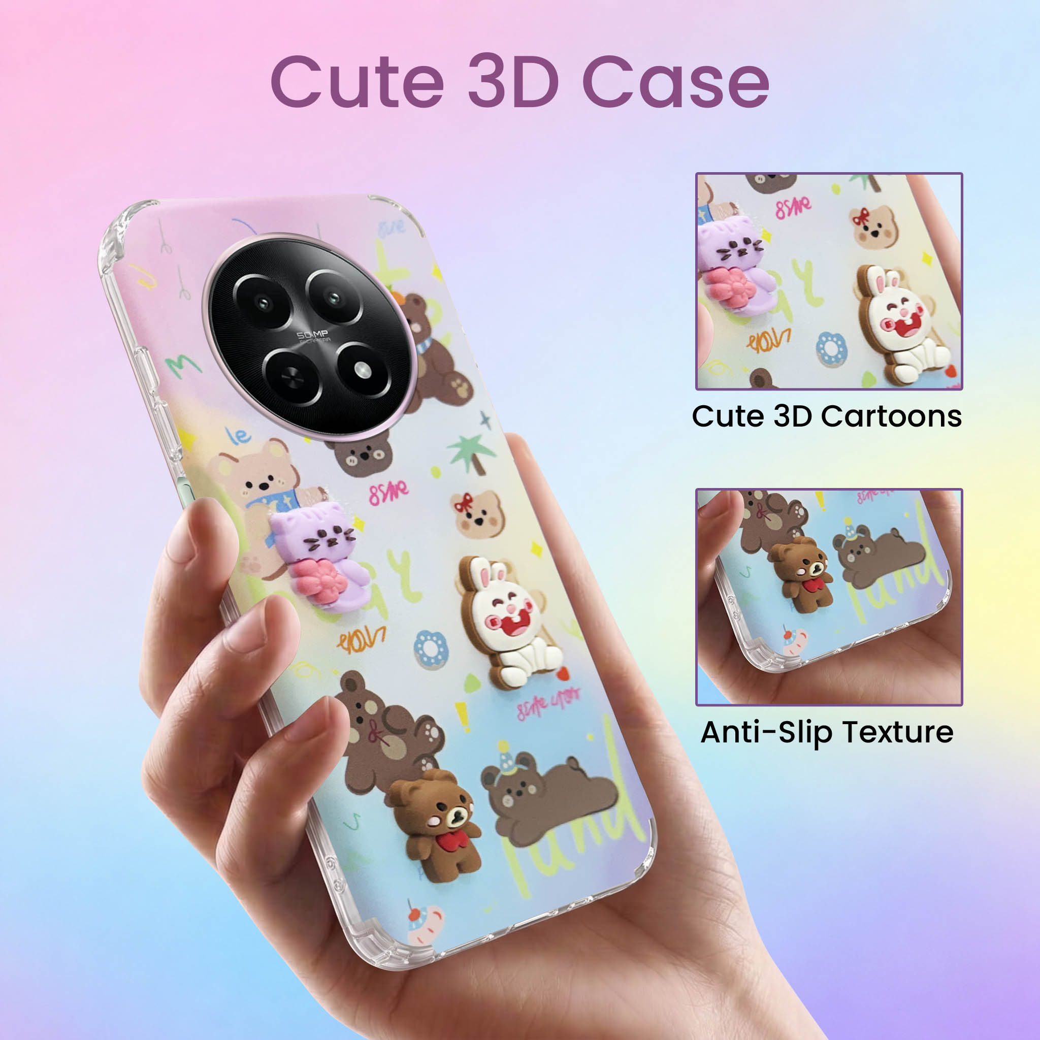 For Realme 12 | Realme 12X Back Cover Case (3D Cute Cartoons | Hard Back Side Soft | Matte Premium Finish | HD Printing)