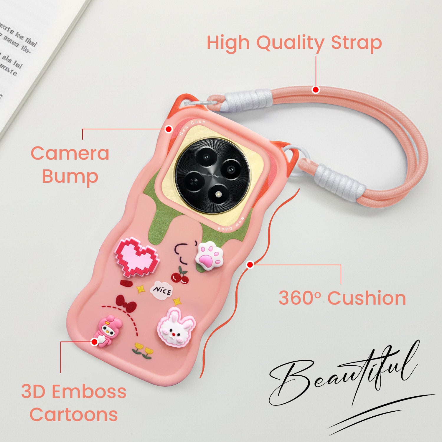 For Realme Narzo N65 5G Back Case Cover Strap (3D Embossed Figures | Strap Holder | 360* Soft Cushion with Camera Bump)