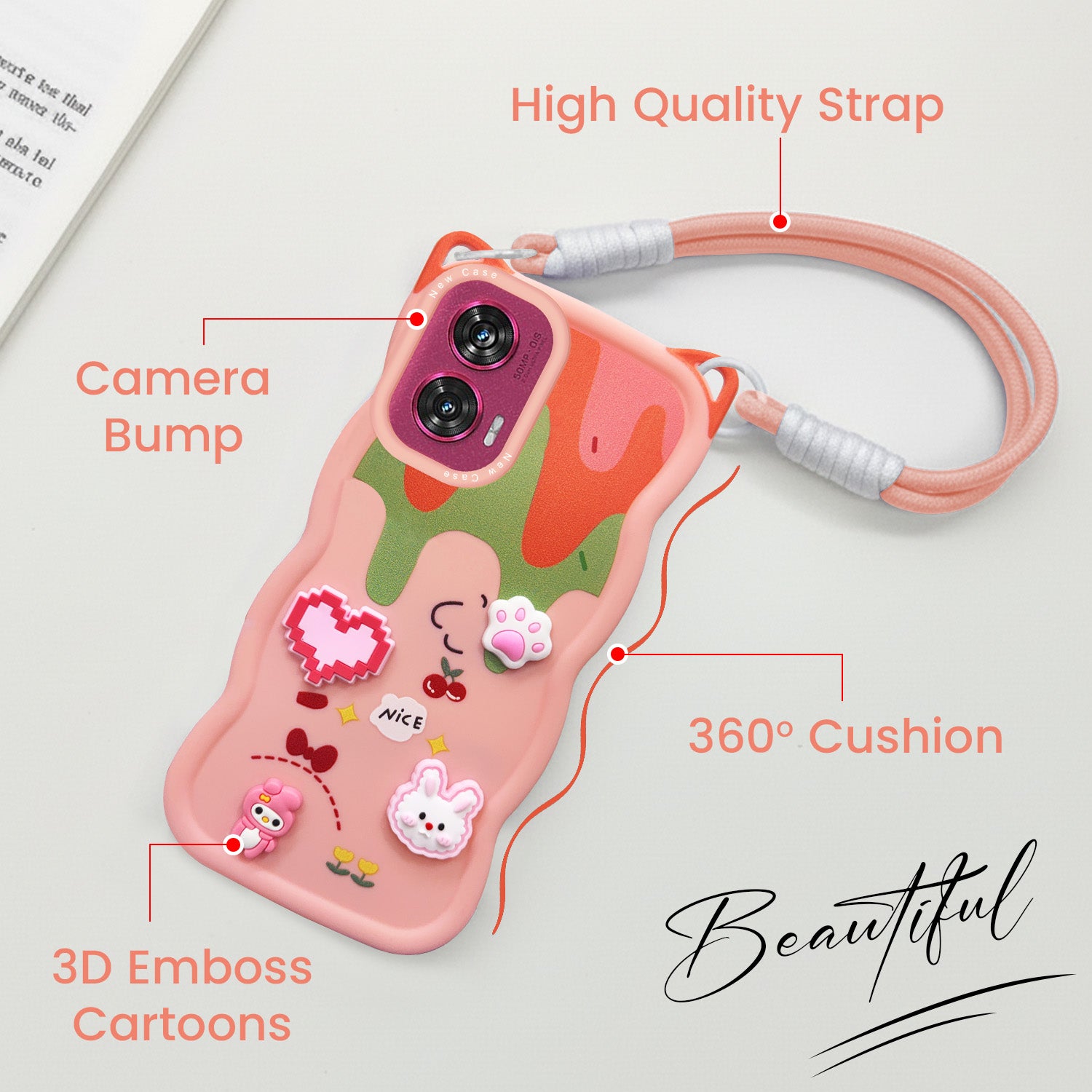 For Motorola Moto Edge 50 Fusion Back Case Cover Strap (3D embossed Figures | Strap Holder | 360* Soft Cushion with Camera Bump)