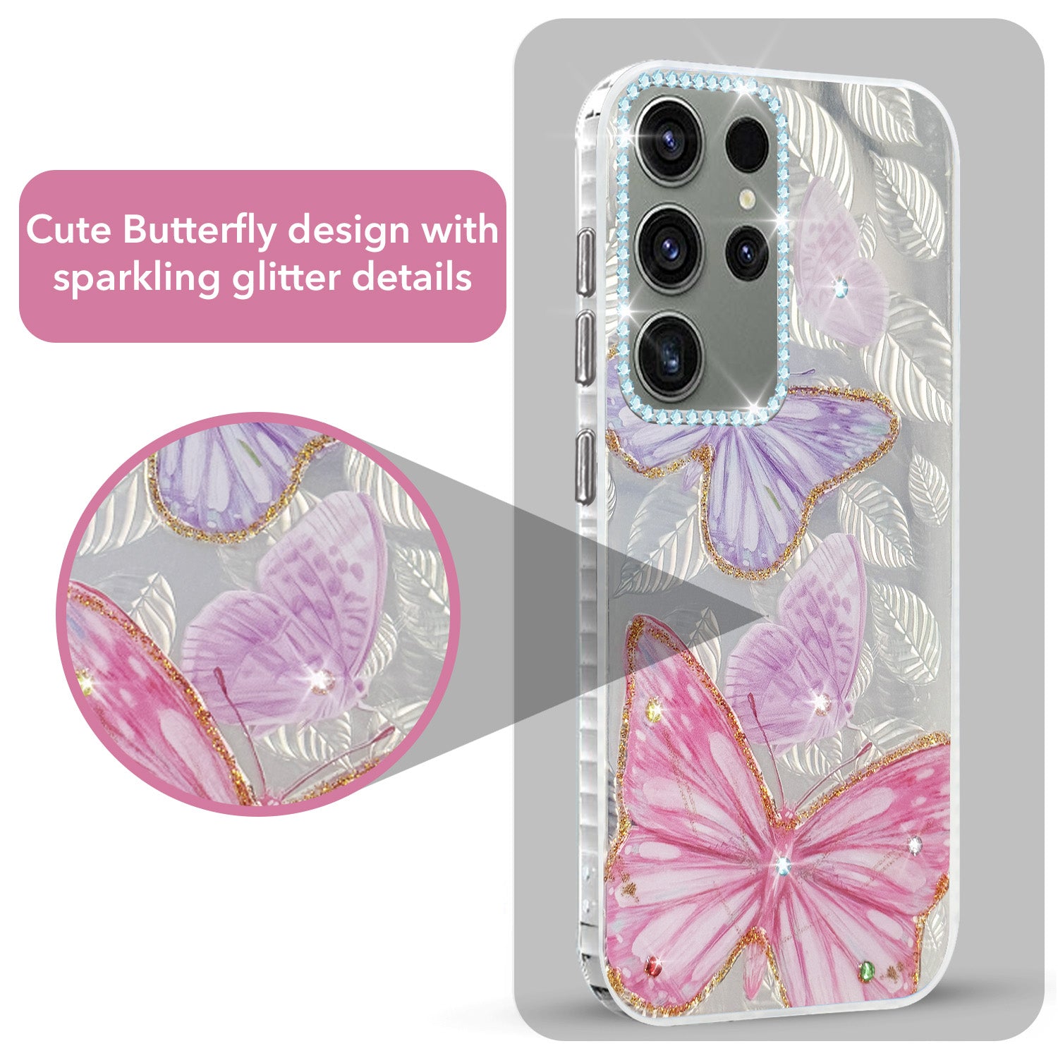 For Samsung Galaxy S23 Ultra Back Cover Case (Luxury Floral Glitter Cute Butterfly | Diamond Studded Camera Bump | Girls & Women Design)