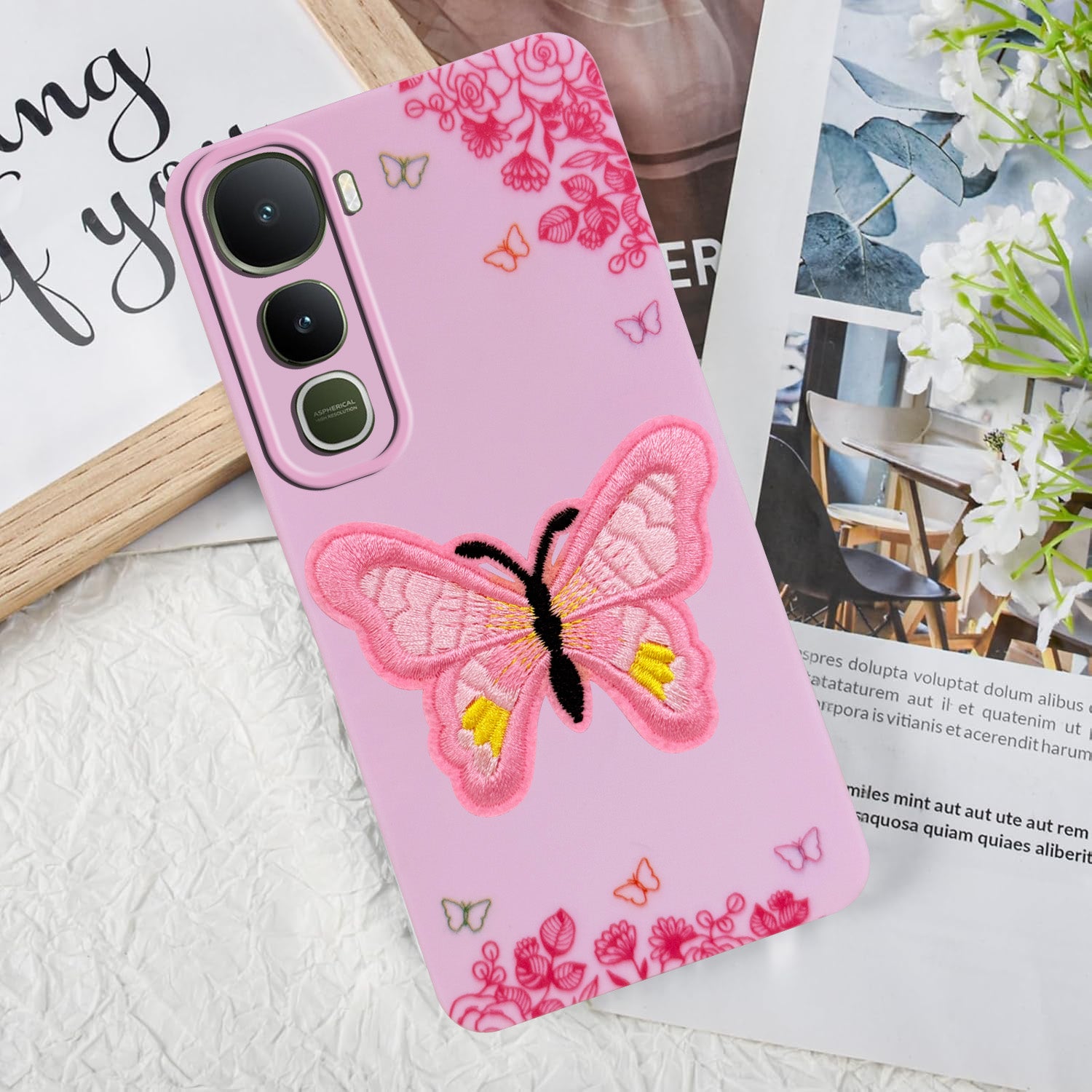 For Vivo Y400 Back Cover Case (Soft Butterfly Embroidery | Women Teen Girls | Camera Protection| Matte Silicone)
