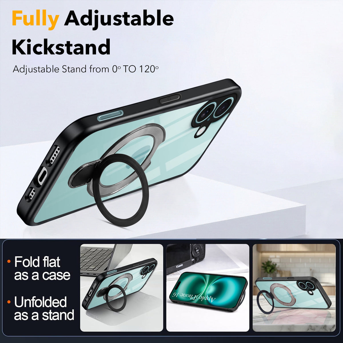 For Apple iPhone 16 Back Cover Case (Kick Stand Ring Holder | Life time Anti Yellow | Camera Protection)