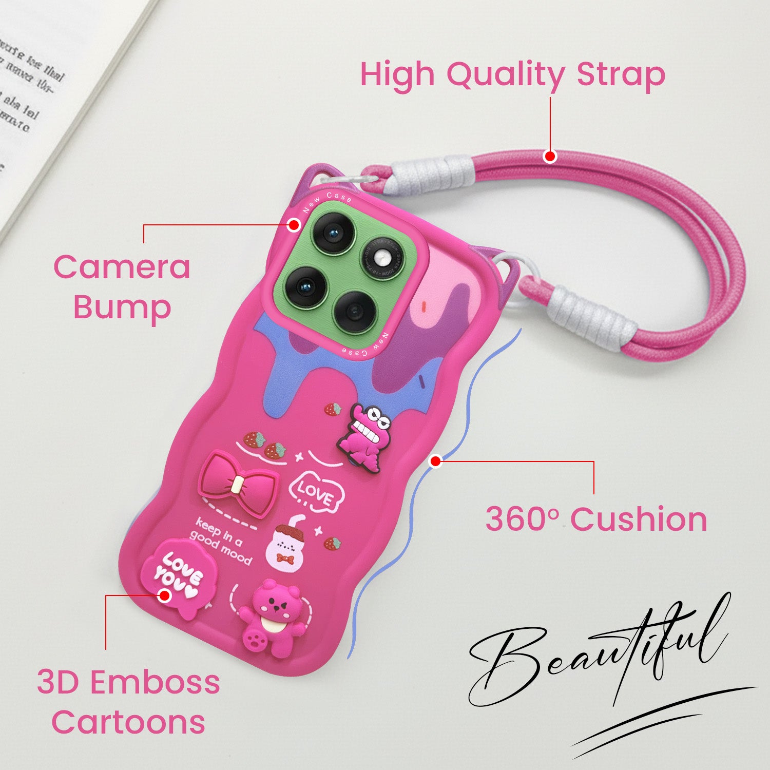 For Motorola Moto Edge 60 Back Case Cover Strap (3D embossed Figures | Strap Holder | 360* Soft Cushion with Camera Bump)
